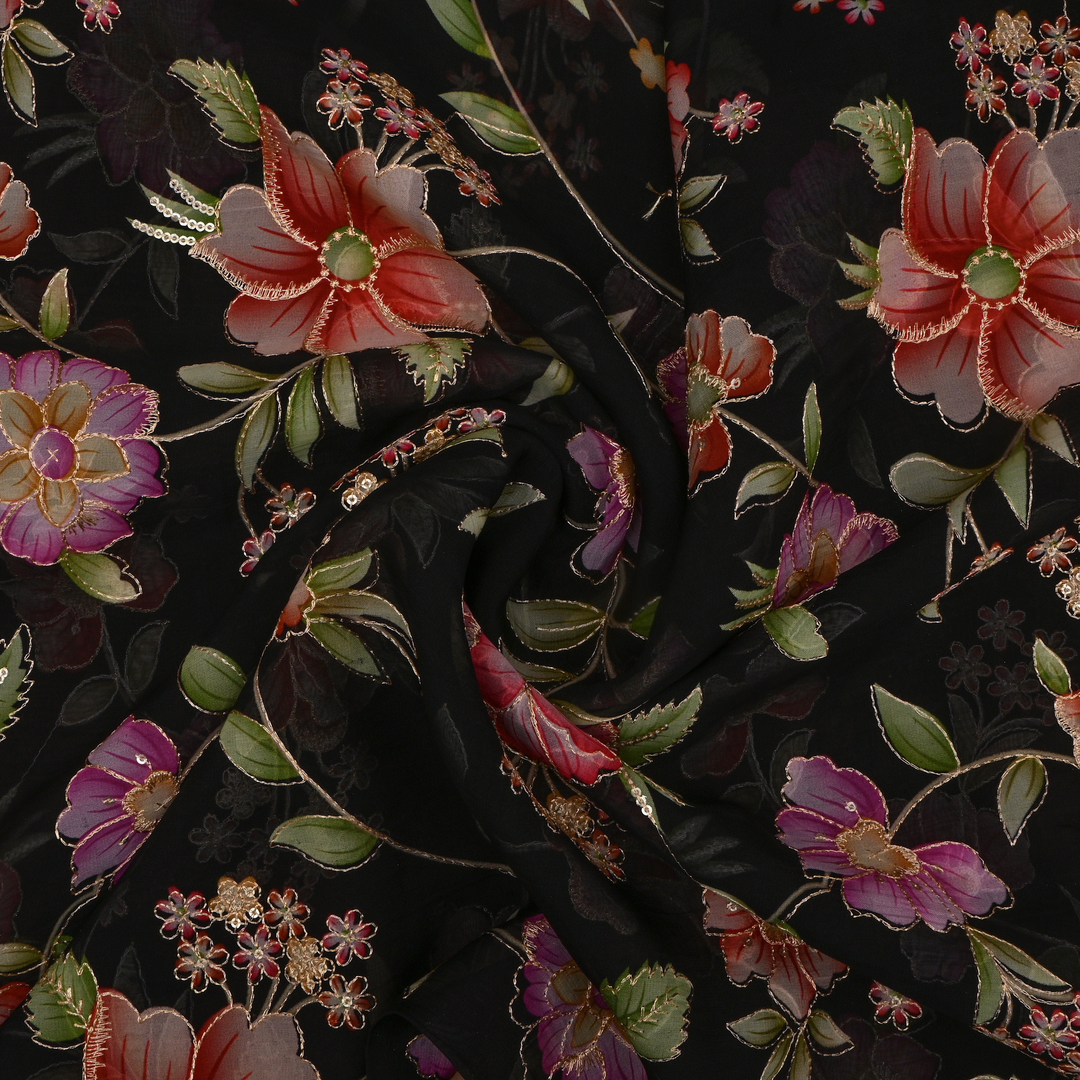 Black Organza Fabric With Printed Embroidery
