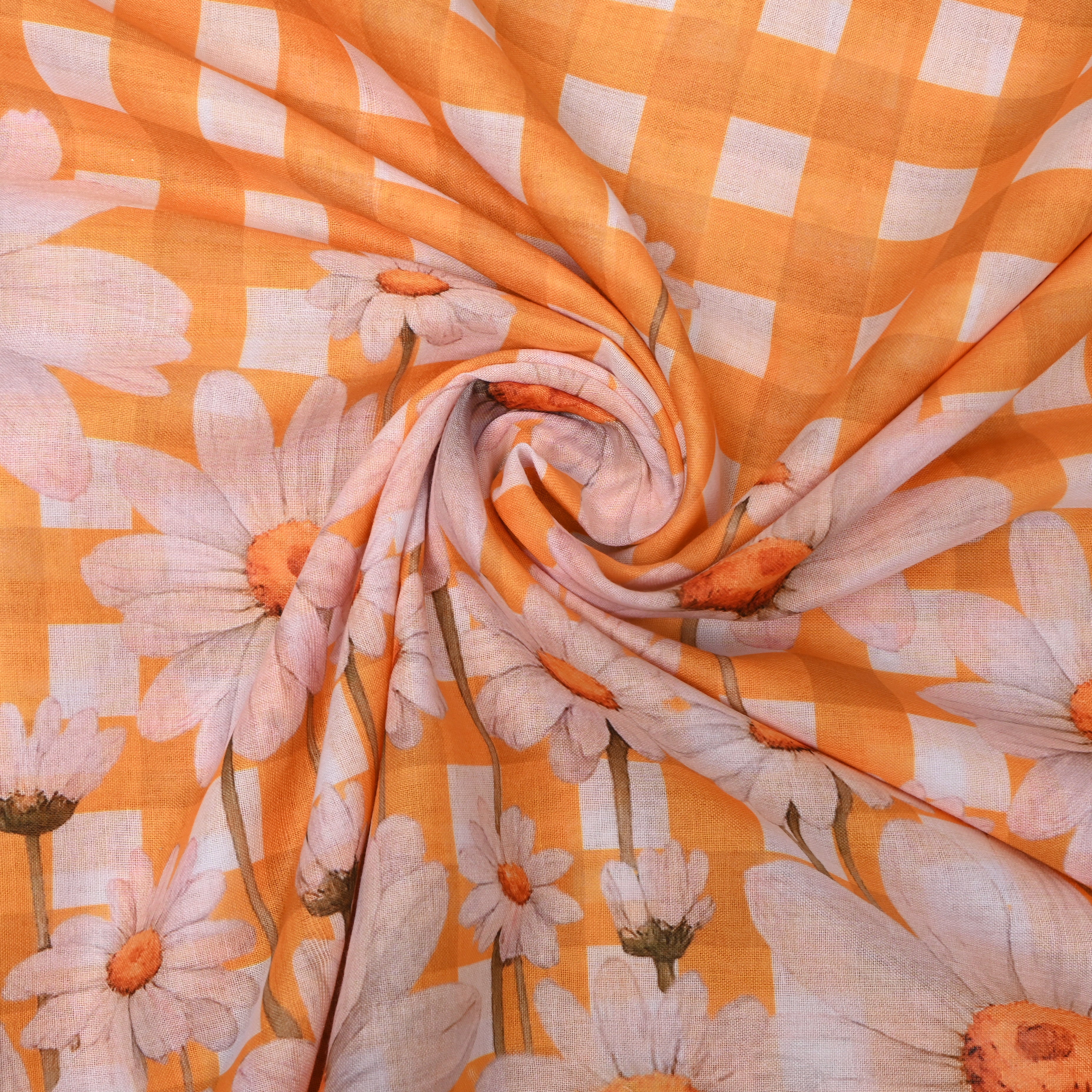 Orange Gingham Linen With Daisy Border Print