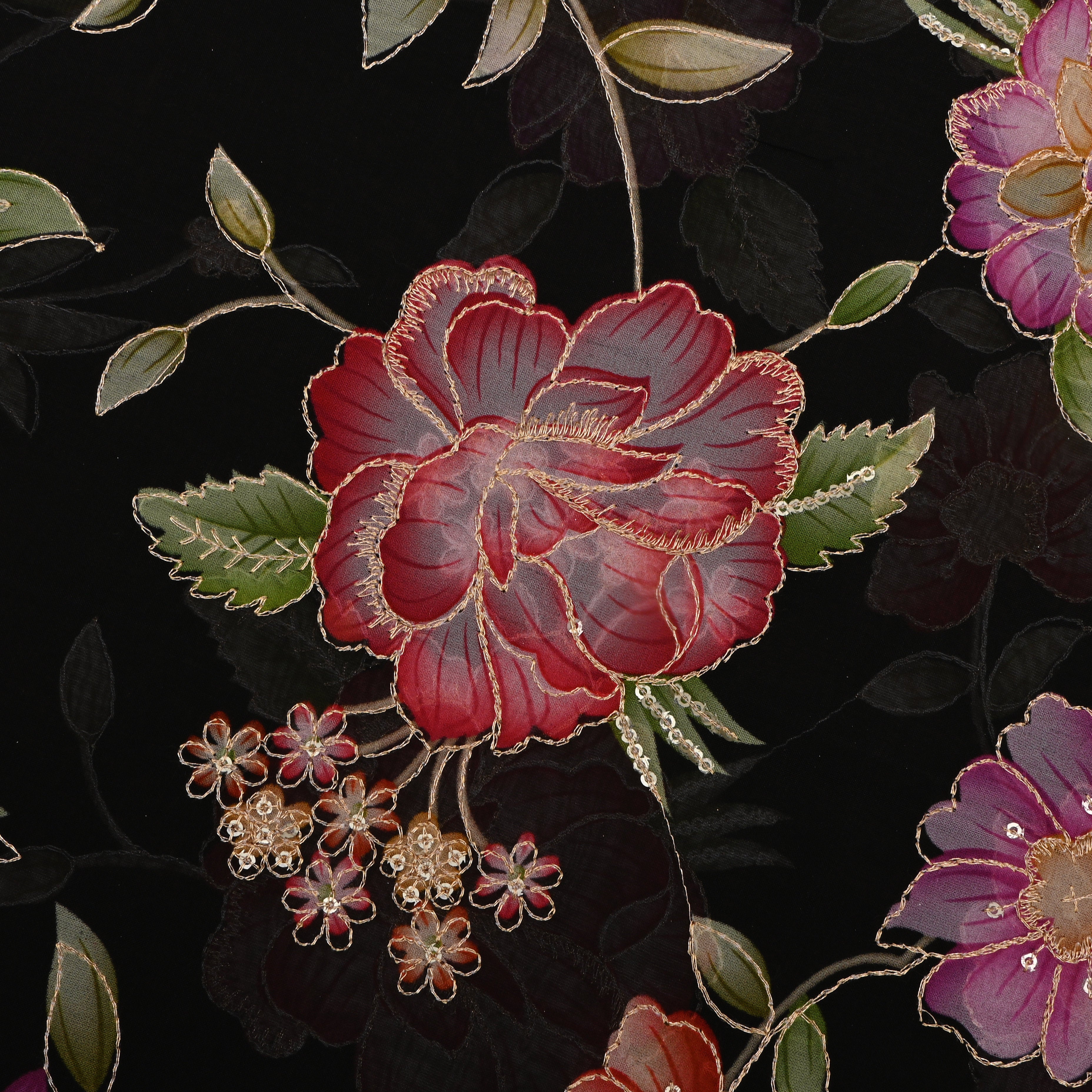 Black Organza Fabric With Printed Embroidery