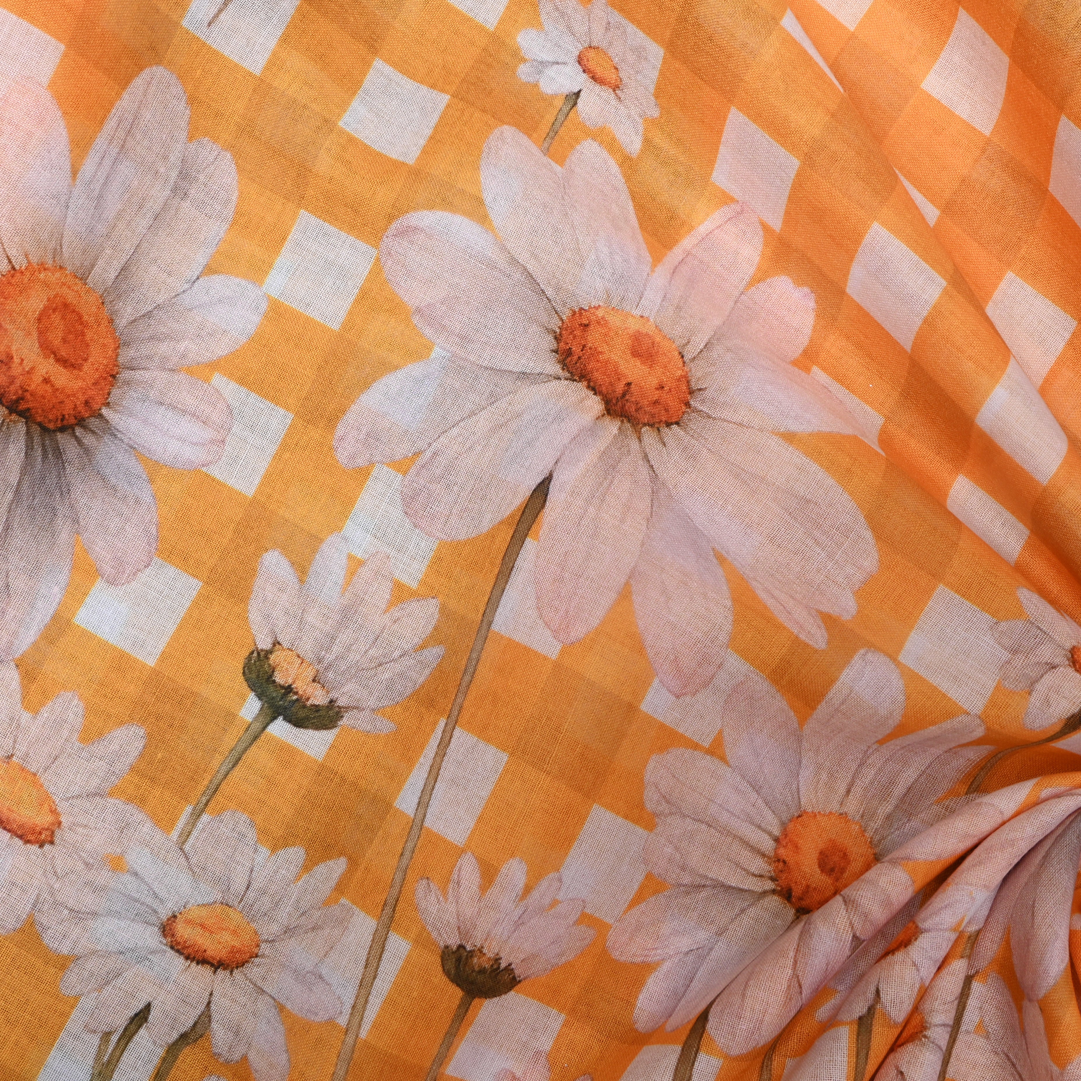 Orange Gingham Linen With Daisy Border Print