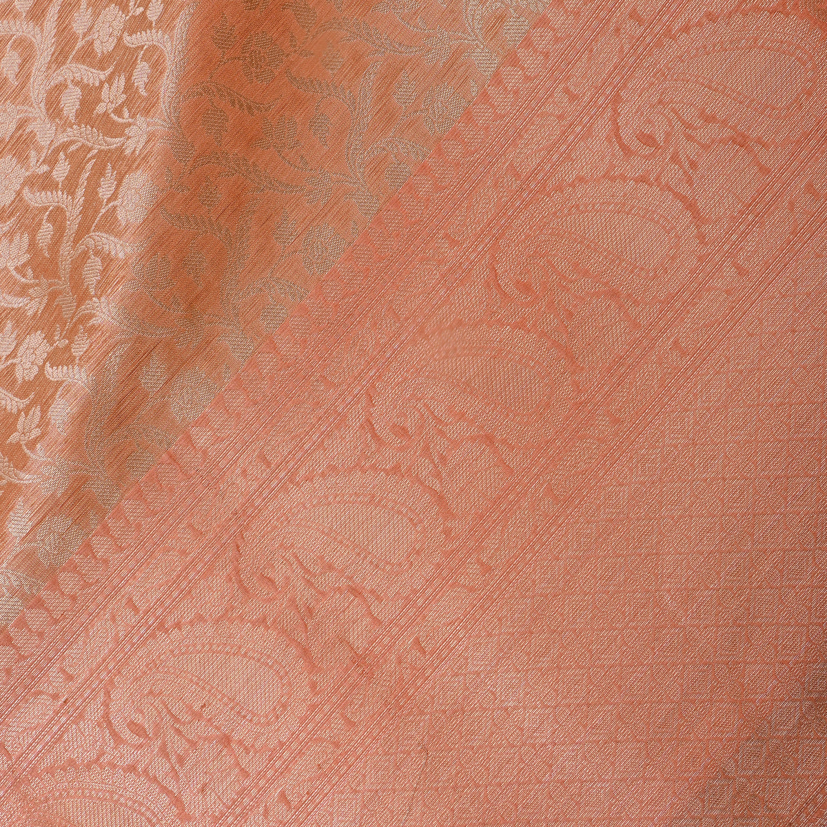Apricot Orange Gold Zari Floral Jamawar Silk Fabric