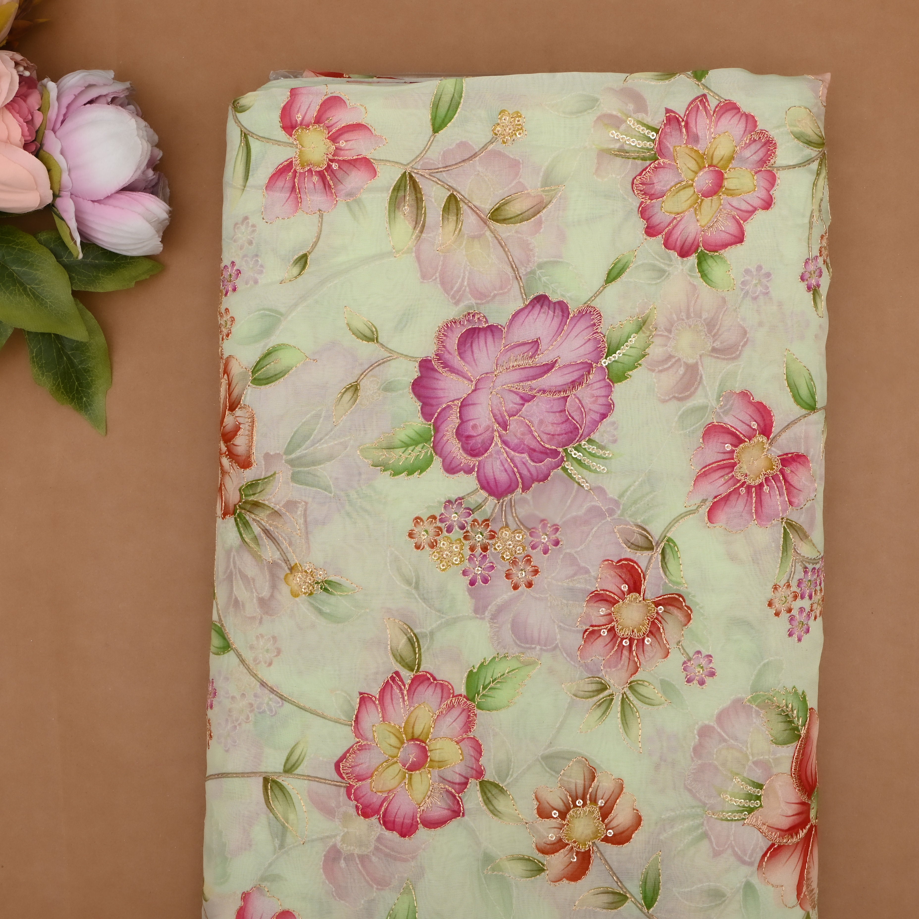 Tea Green Organza Fabric With Printed Embroidery