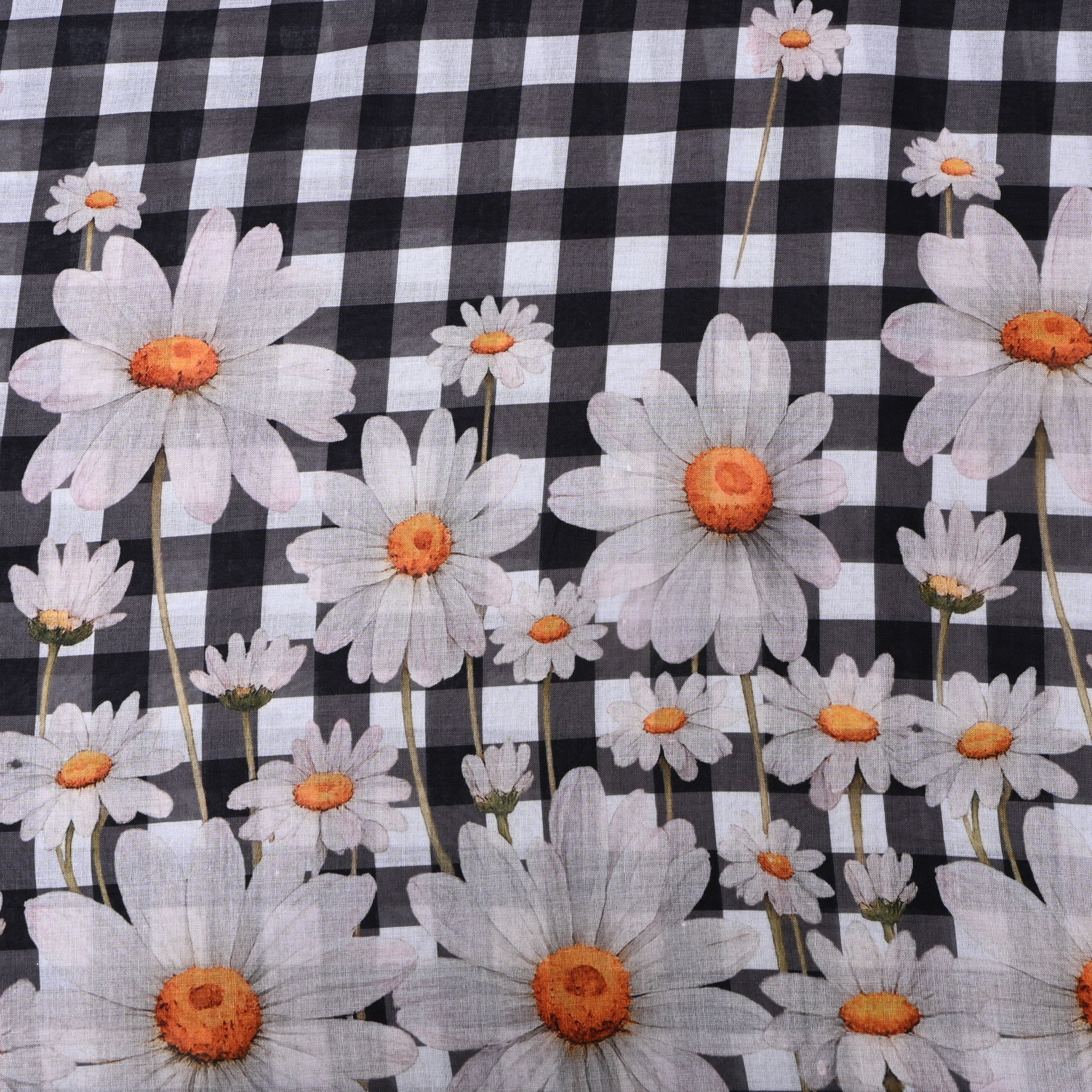 Black And White Gingham Linen With Daisy Border Print