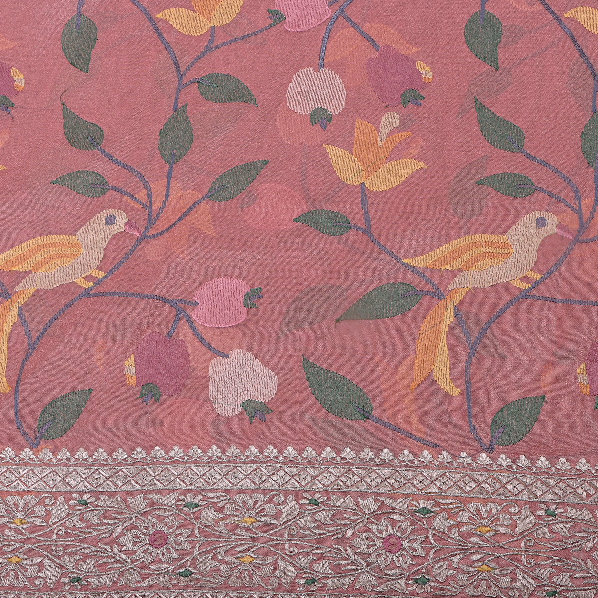 Rosewood Bird Floral Jaal Thread Embroidery Tissue Fabric