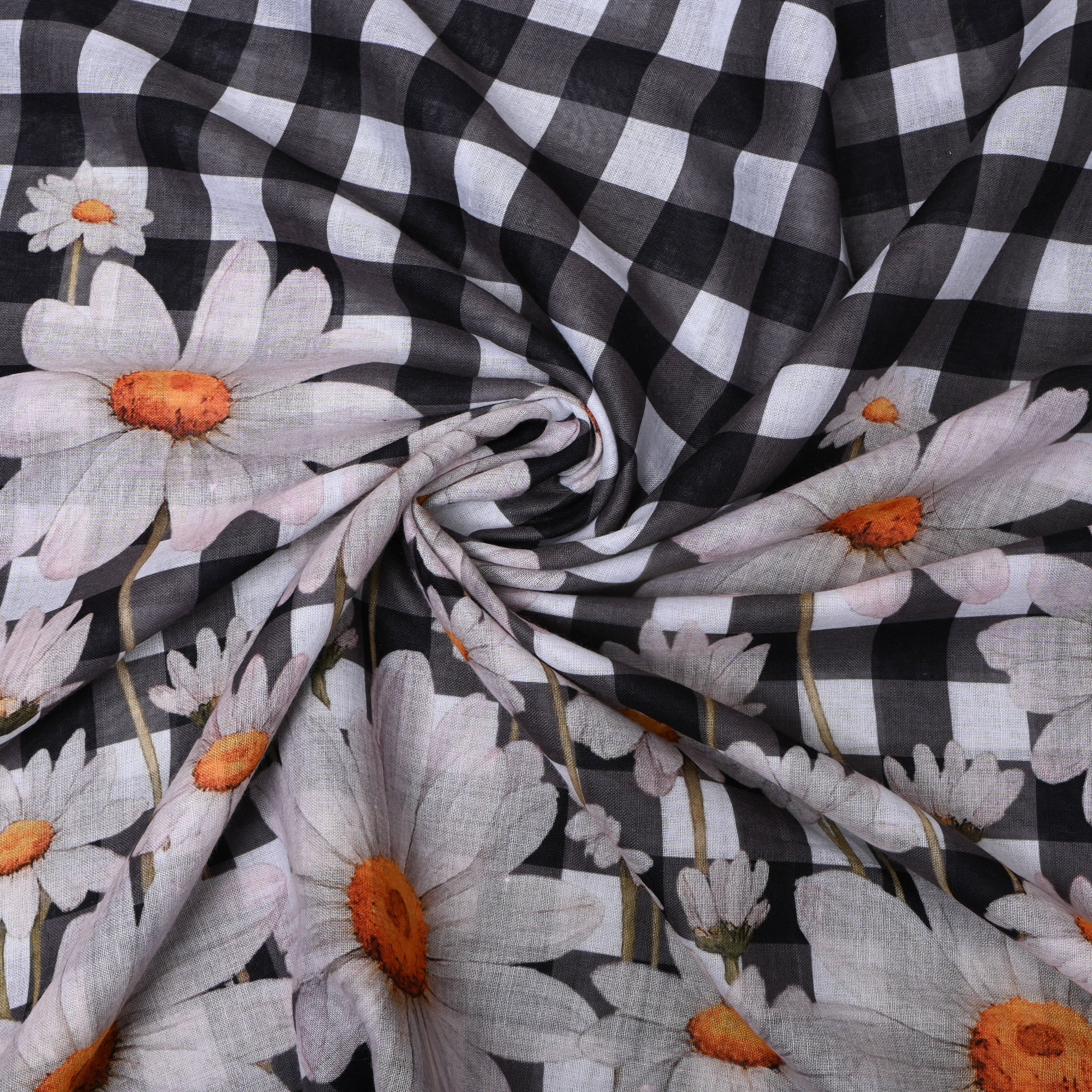 Black And White Gingham Linen With Daisy Border Print