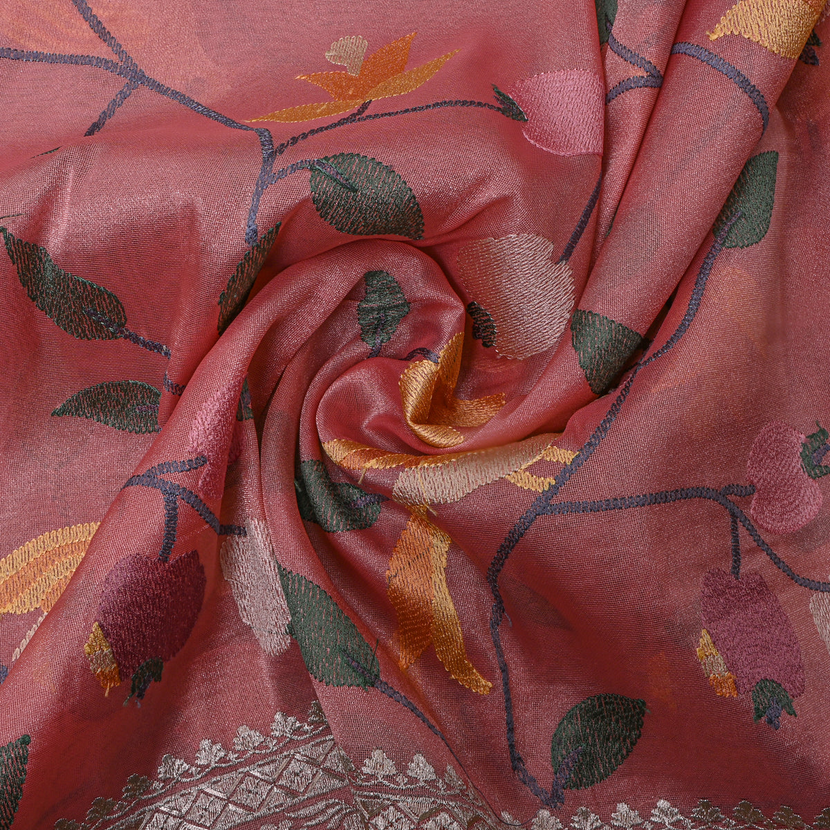 Rosewood Bird Floral Jaal Thread Embroidery Tissue Fabric