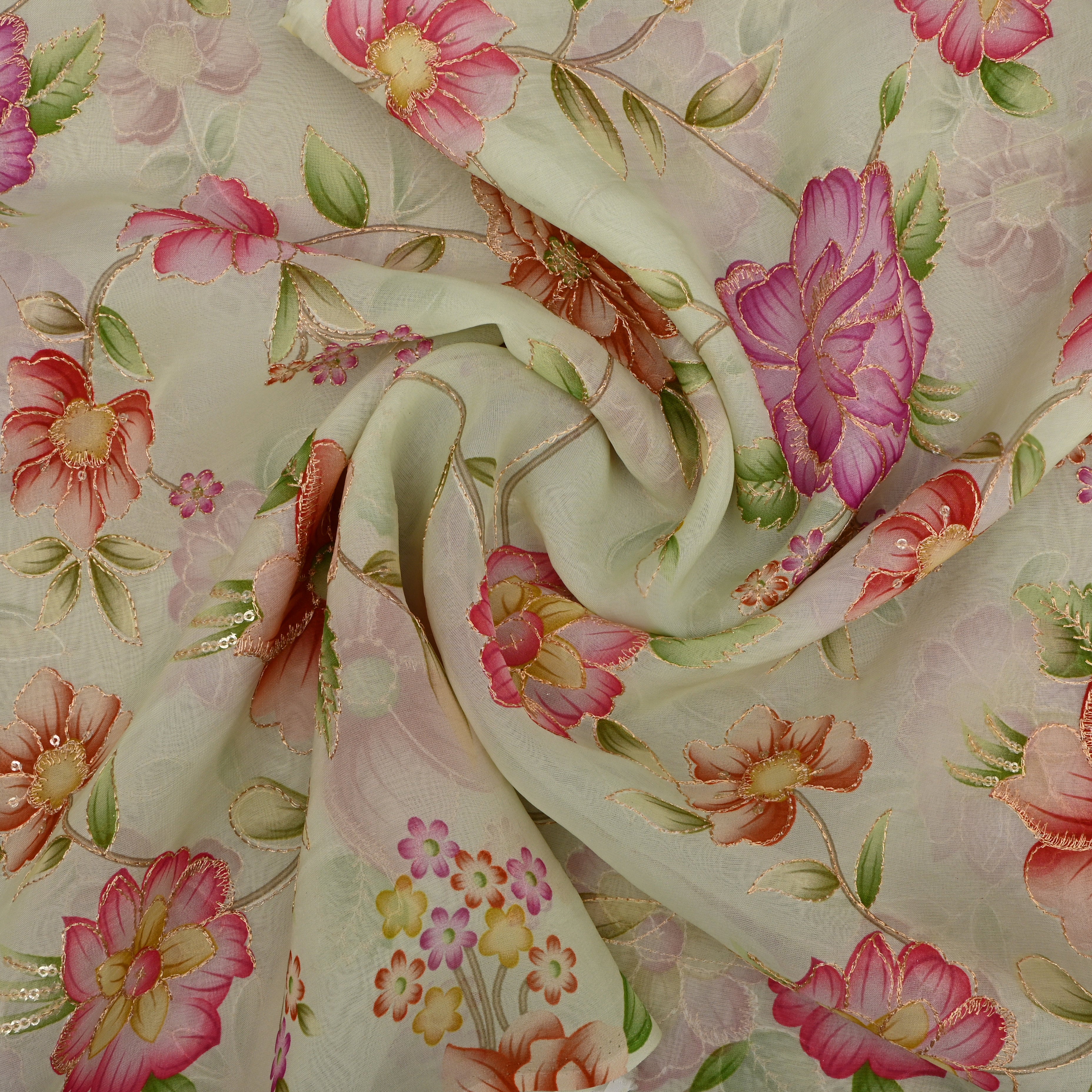 Tea Green Organza Fabric With Printed Embroidery