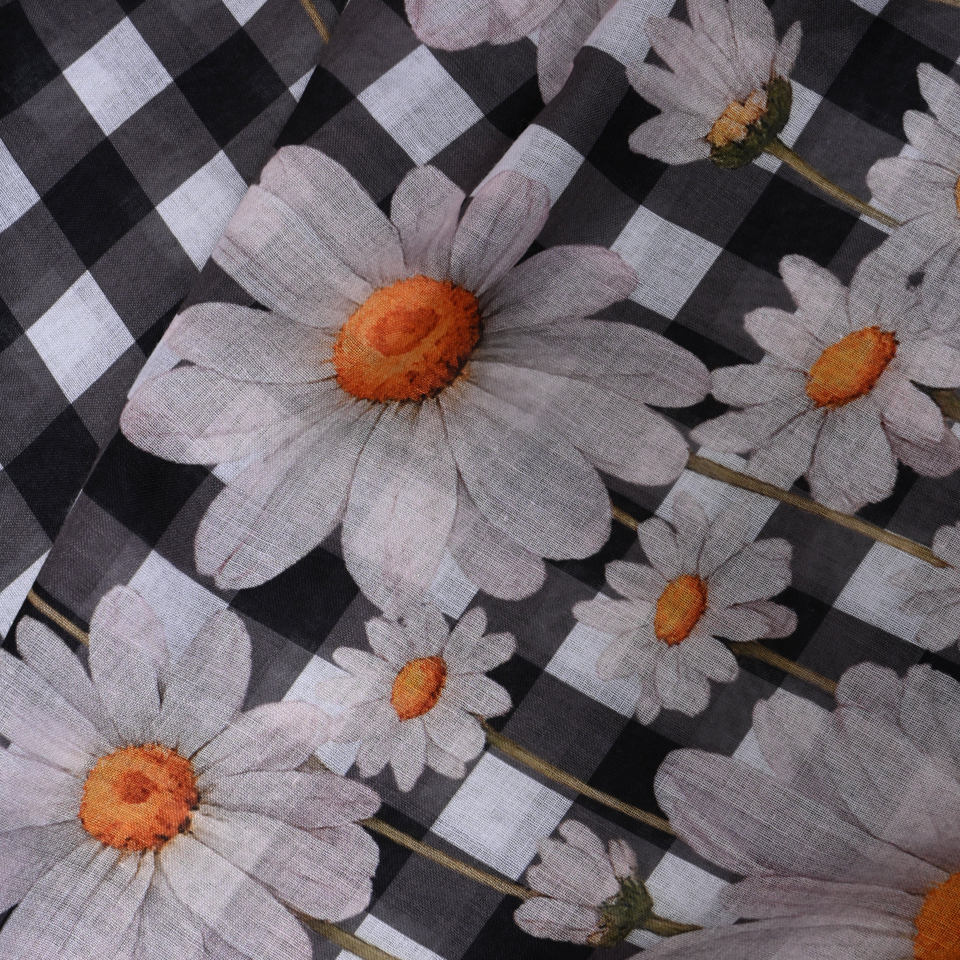 Black And White Gingham Linen With Daisy Border Print