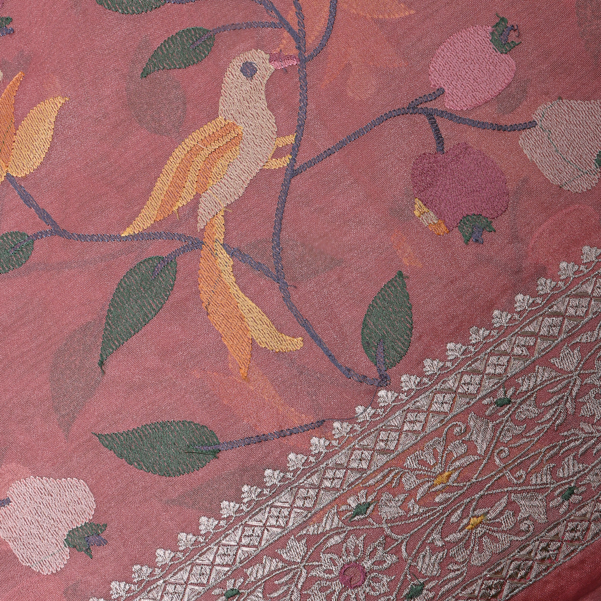 Rosewood Bird Floral Jaal Thread Embroidery Tissue Fabric