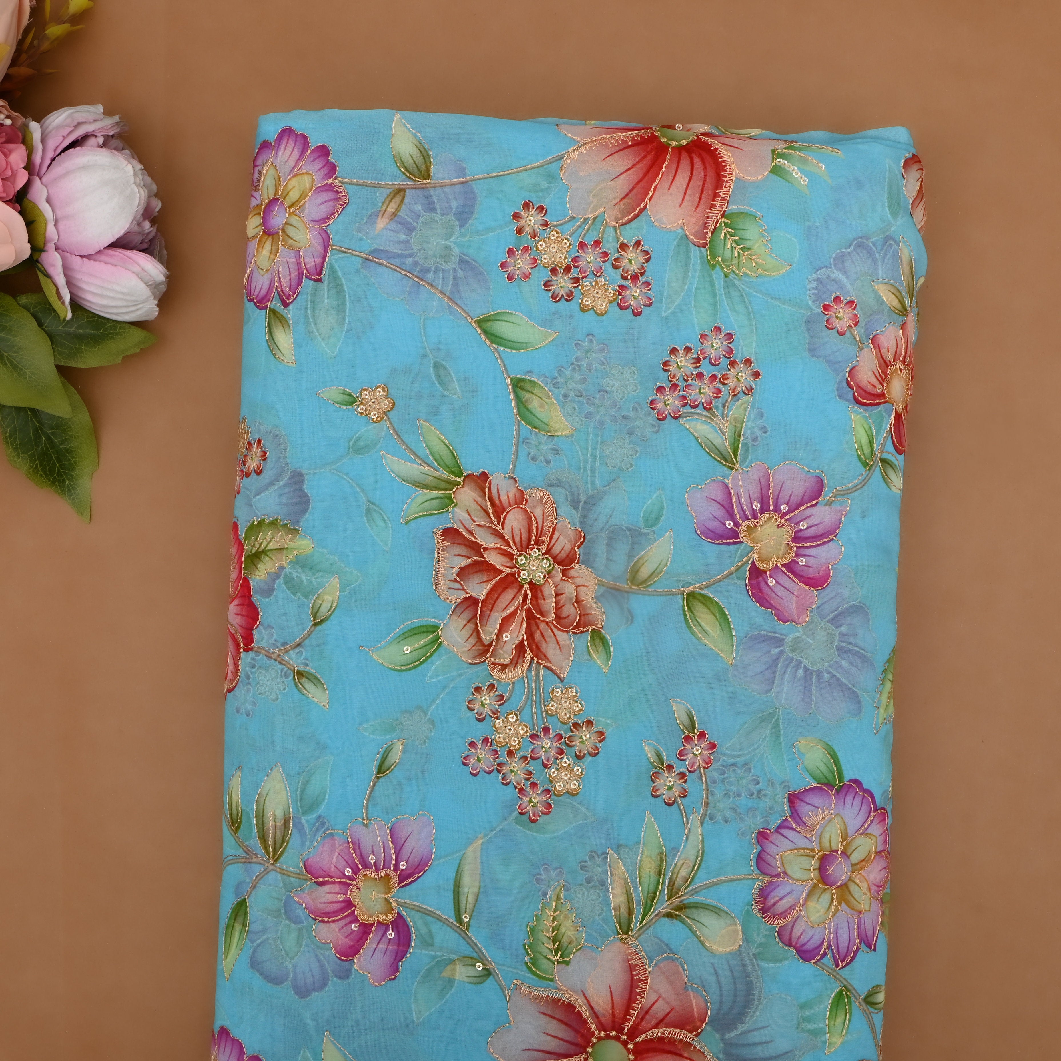 Sky Blue Organza Fabric With Printed Embroidery