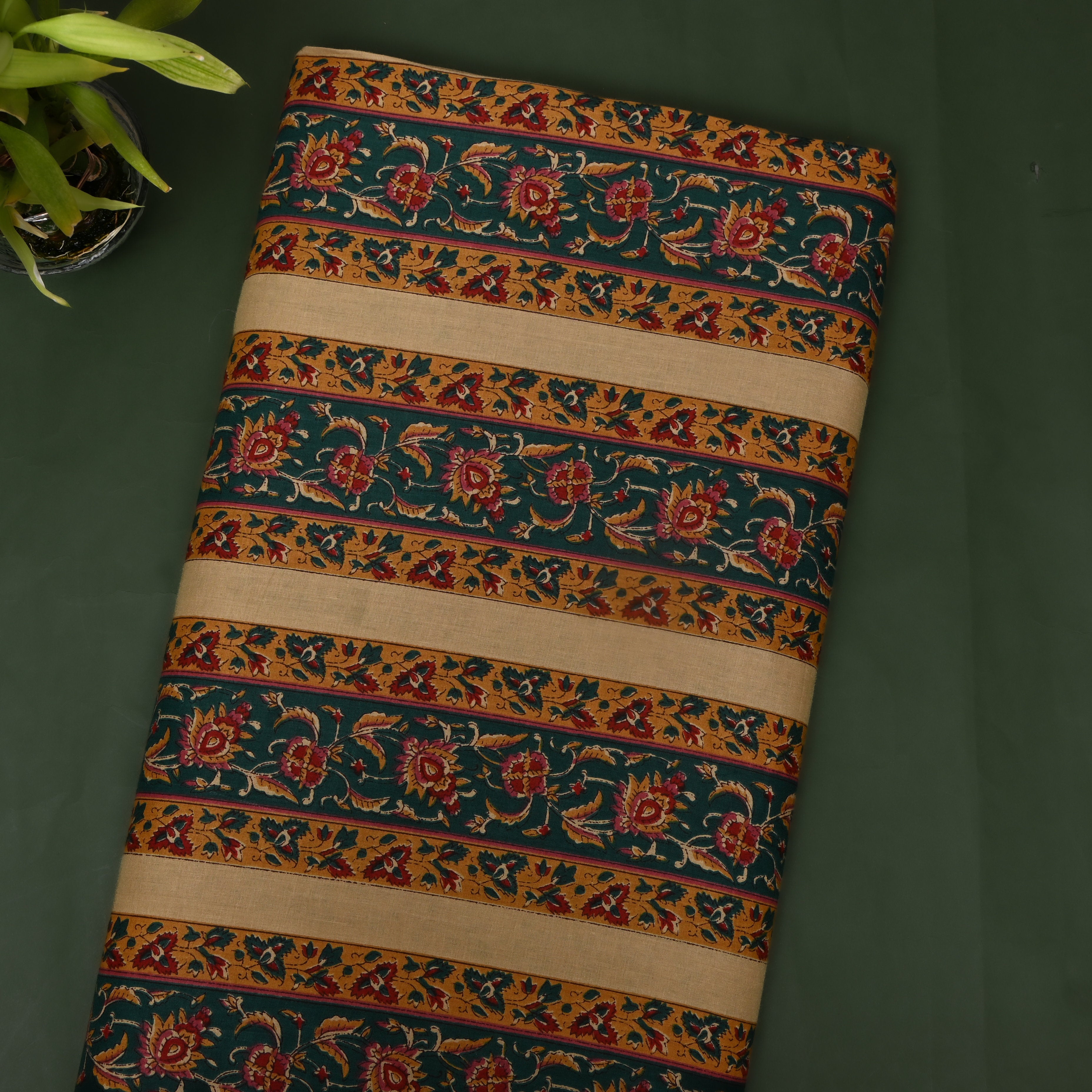 Teal Gold Floral Border Printed Cotton