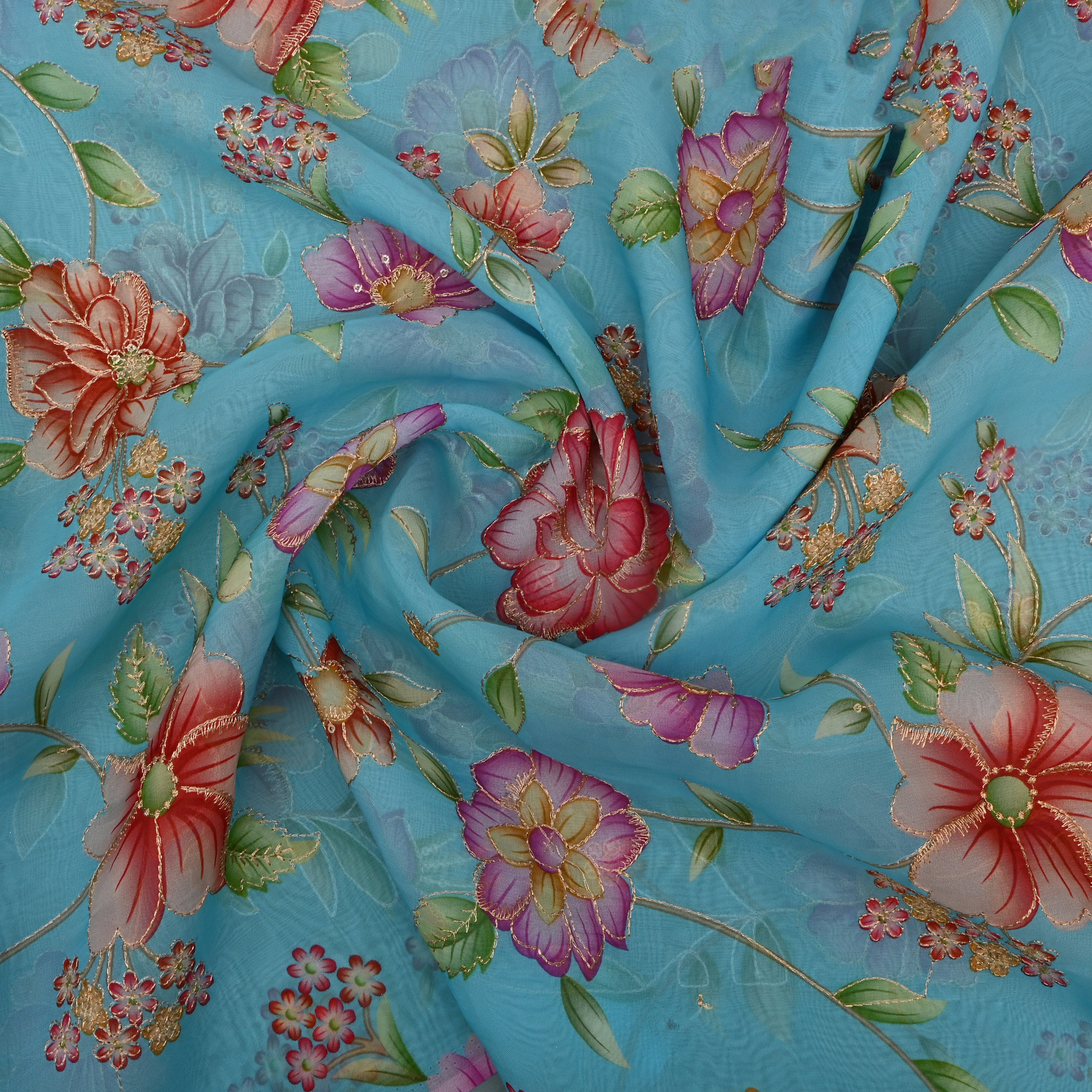 Sky Blue Organza Fabric With Printed Embroidery