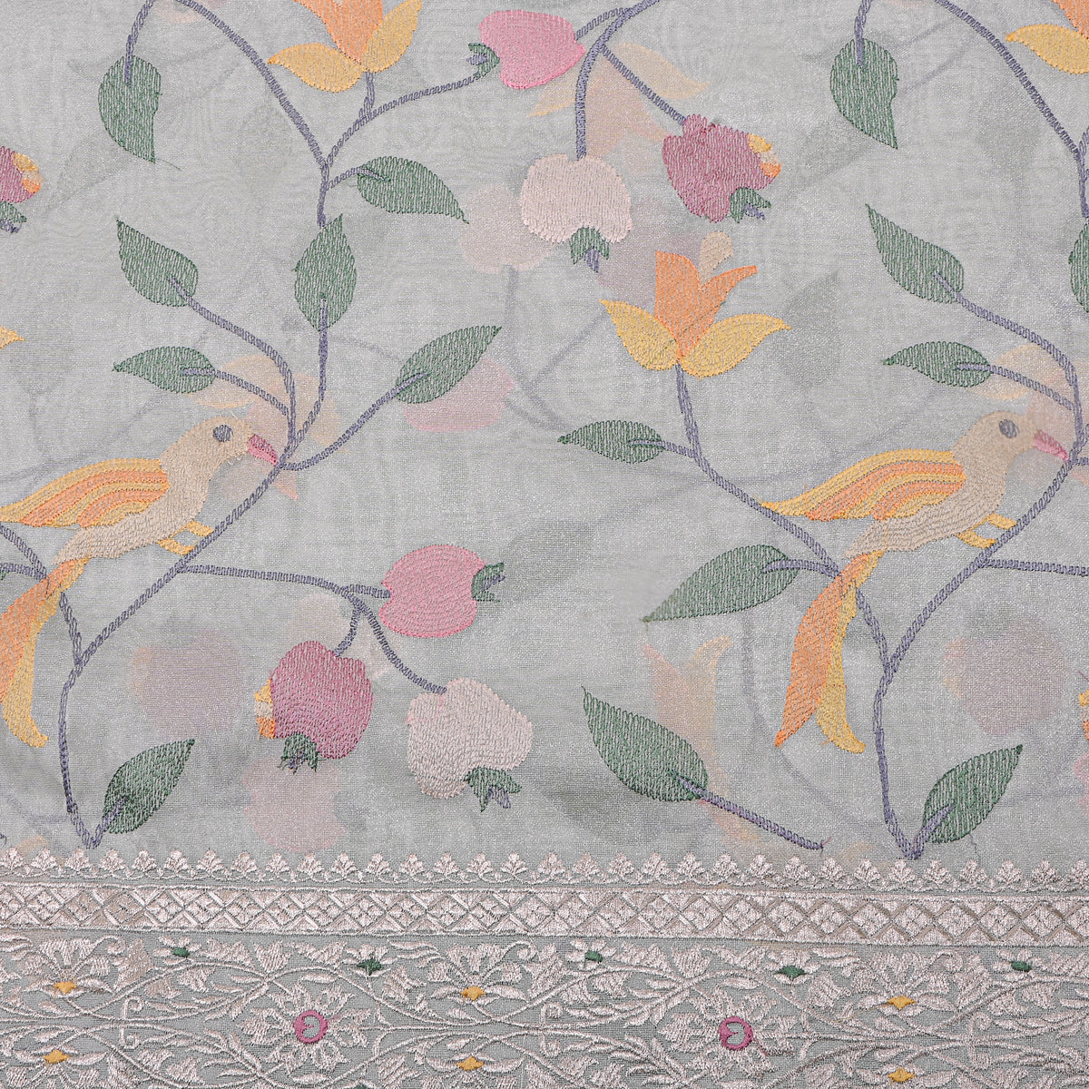 Ice Blue Botanical Bird Thread Work Tissue Fabric