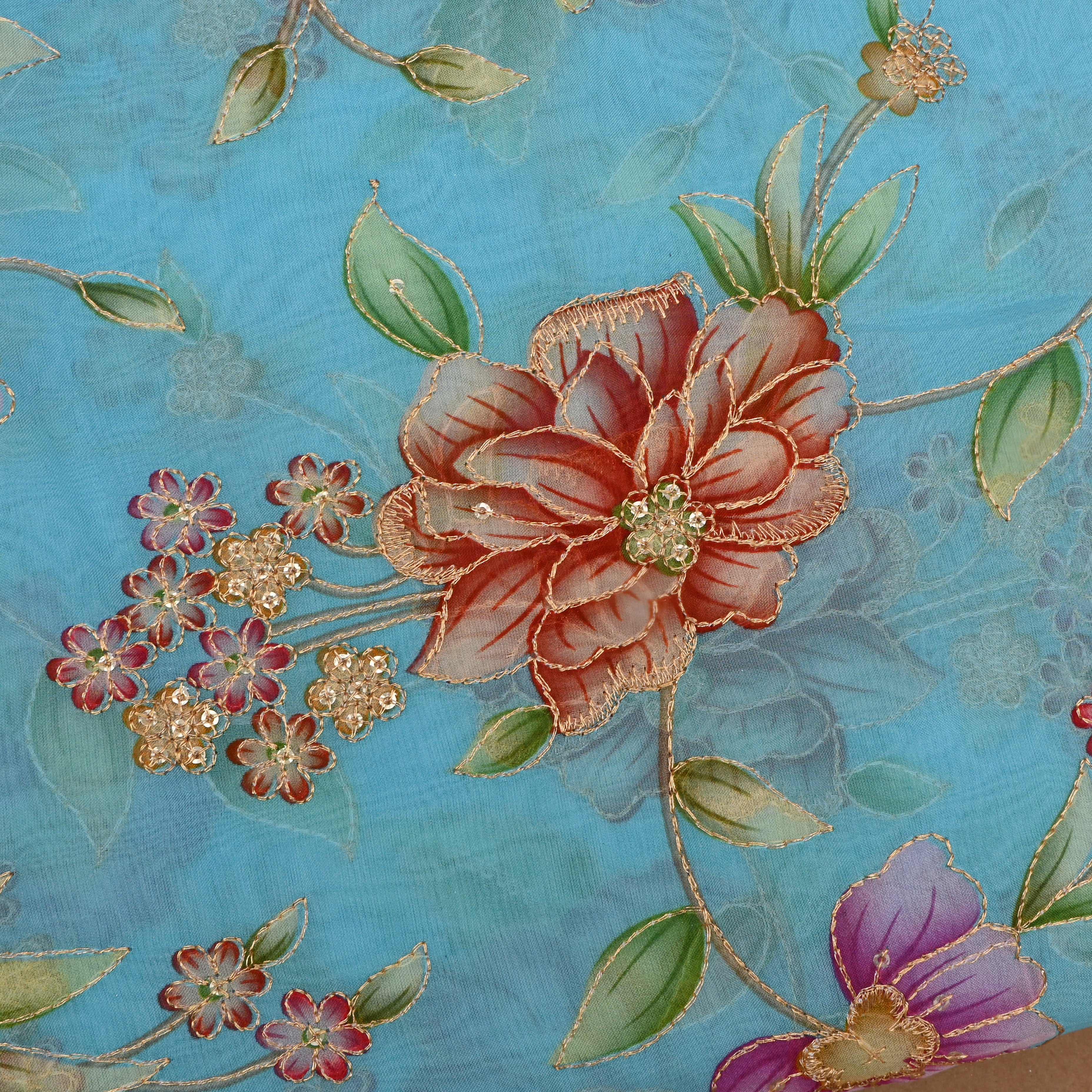 Sky Blue Organza Fabric With Printed Embroidery
