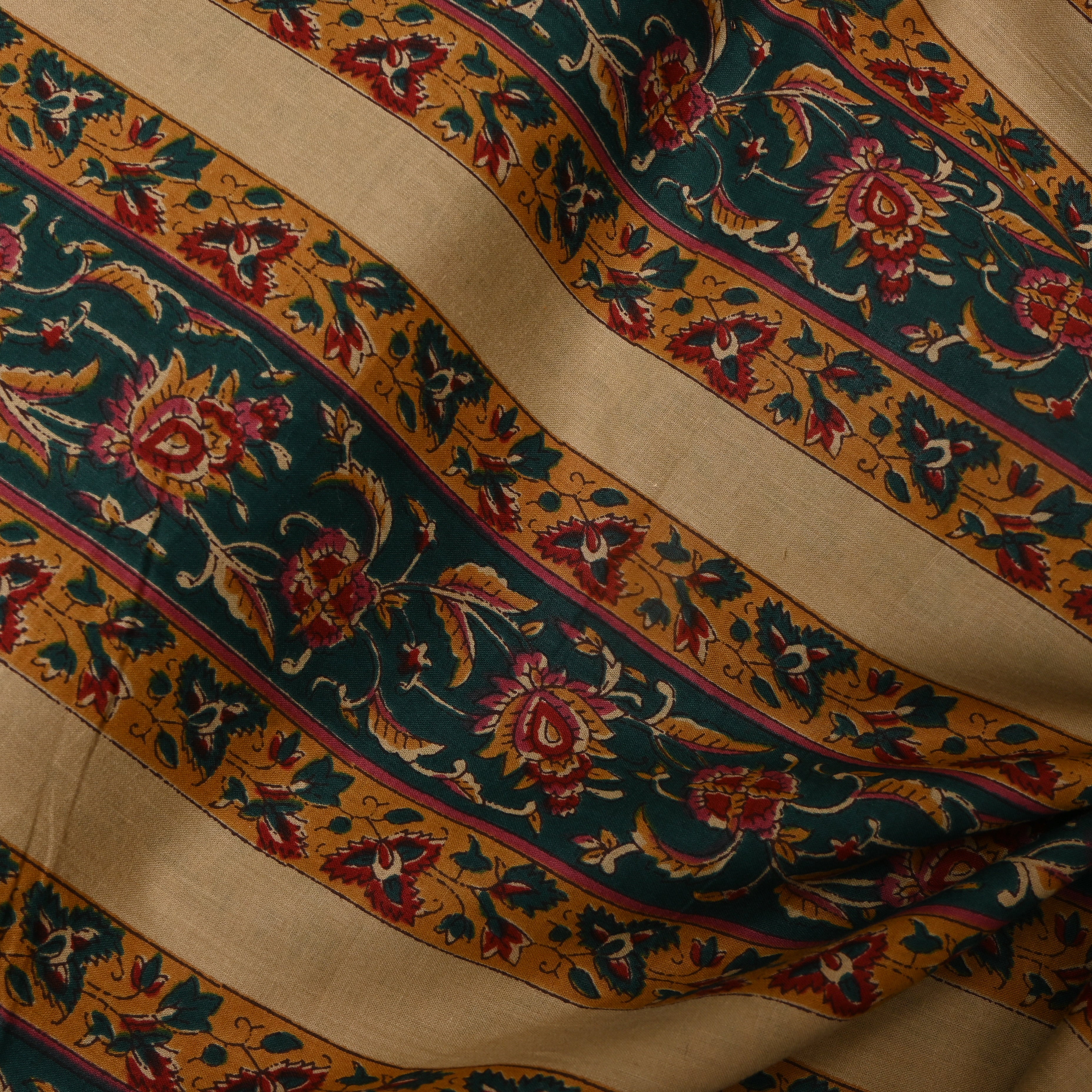 Teal Gold Floral Border Printed Cotton
