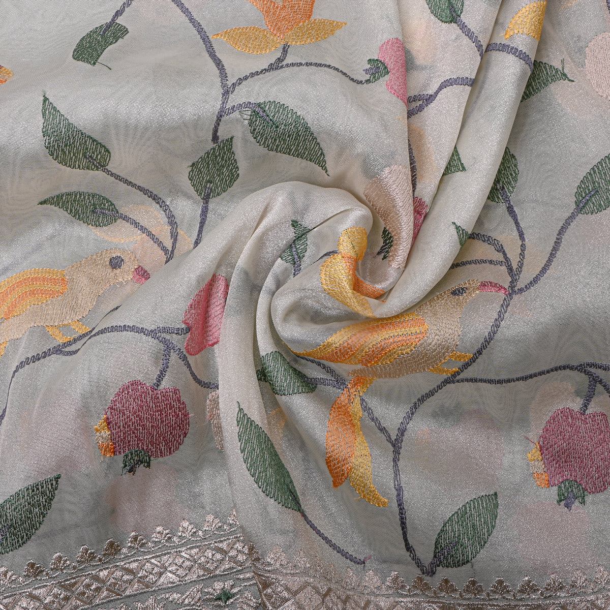 Ice Blue Botanical Bird Thread Work Tissue Fabric