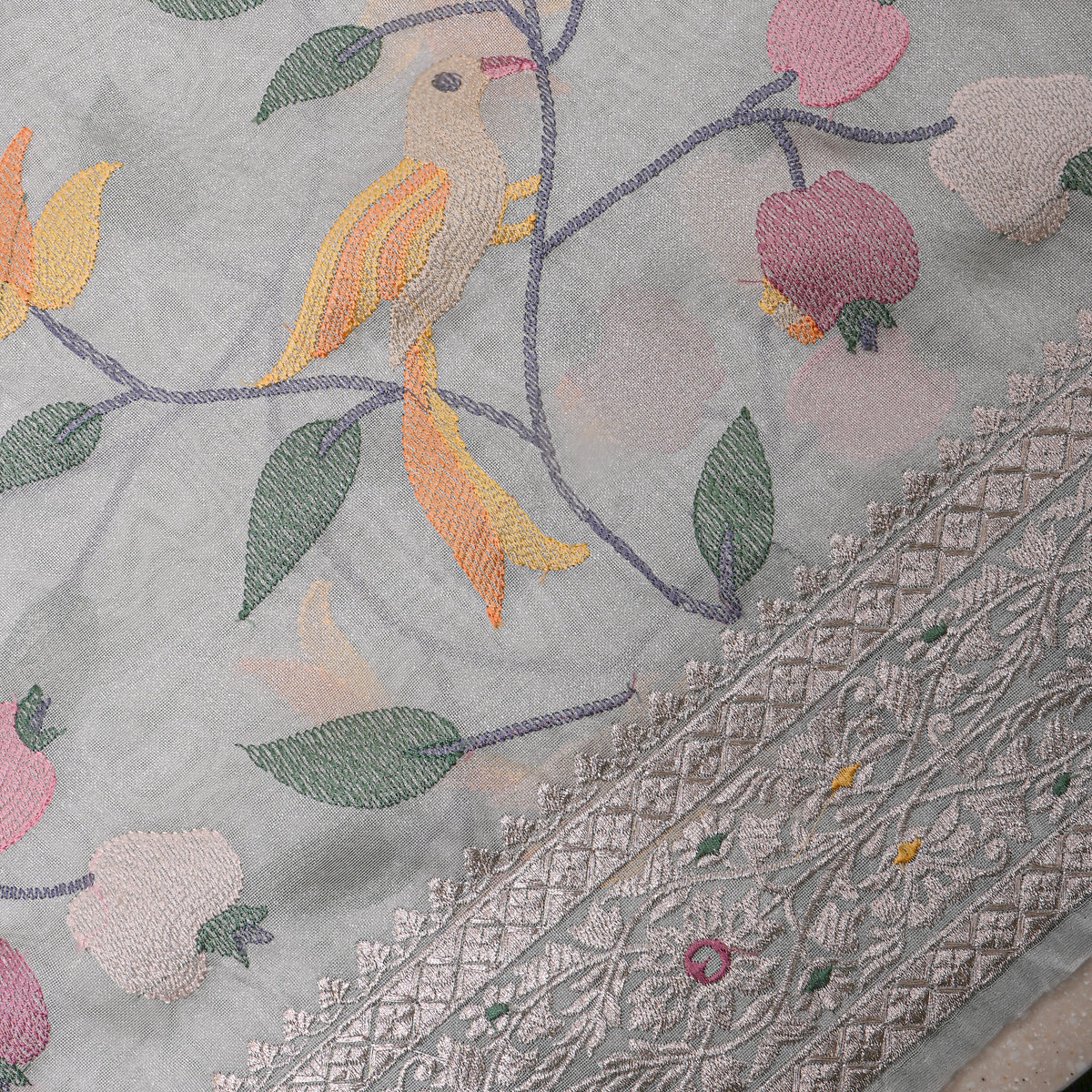 Ice Blue Botanical Bird Thread Work Tissue Fabric