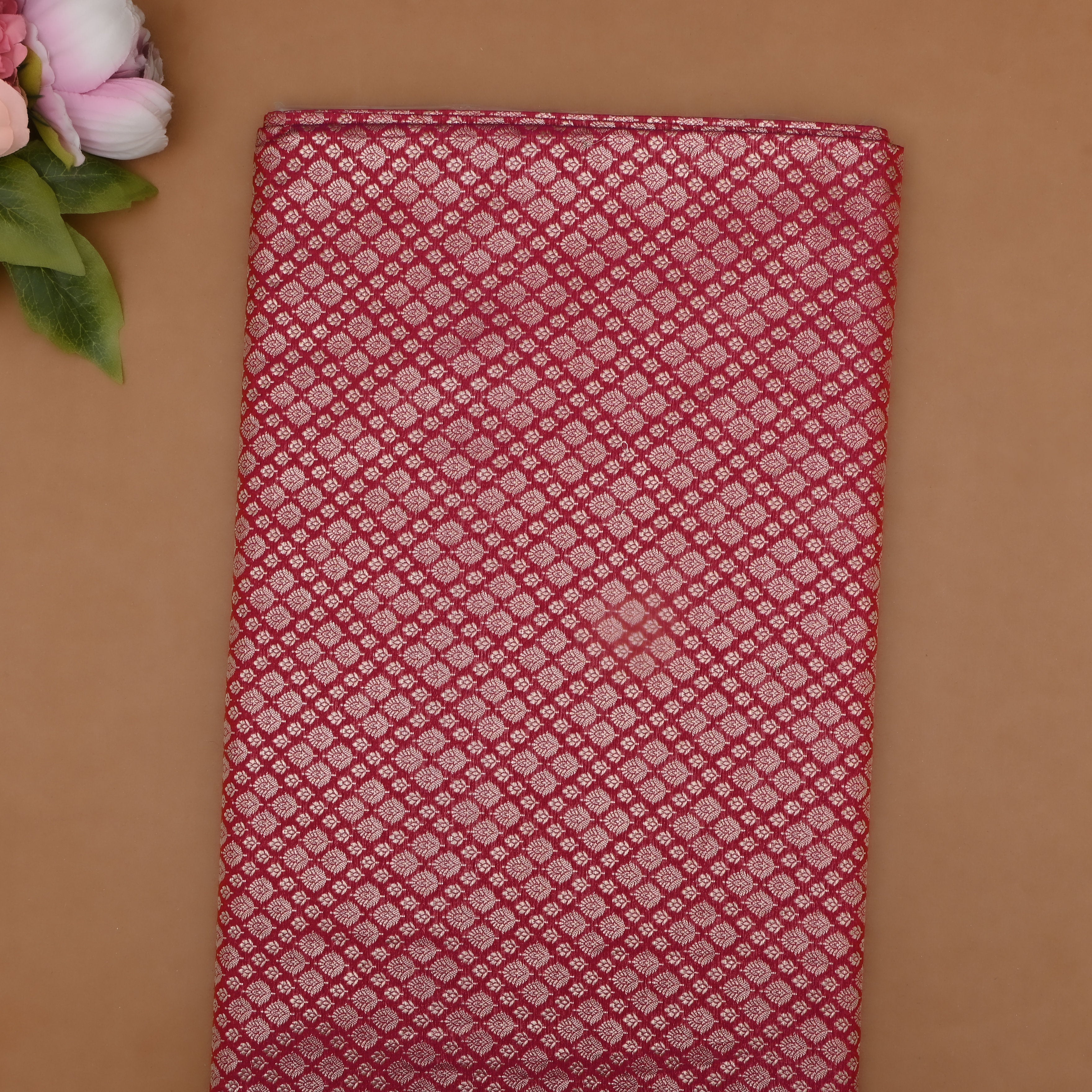 Deep Pink Jamawar Silk Fabric With Gold Zari Work