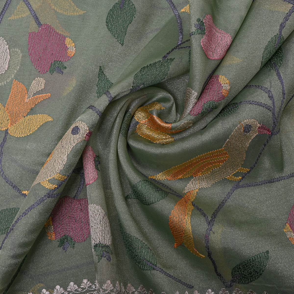 Sage Green Bird Branch Embroidered Tissue Fabric