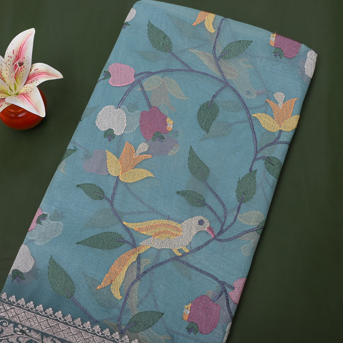 Teal Blue Silver Border Bird Thread Work Tissue Fabric