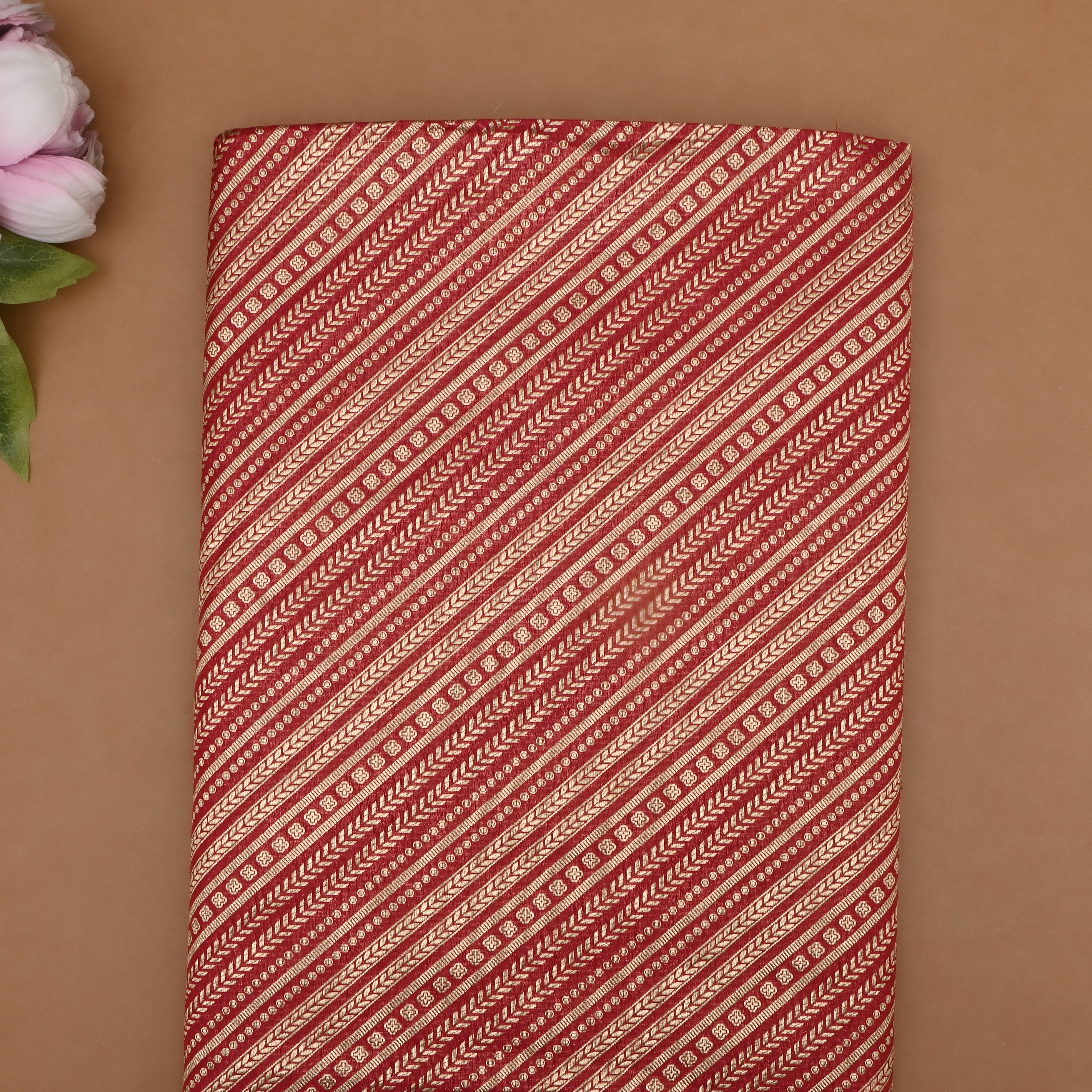 Maroon Jamawar Silk Fabric With Diagonal Strips