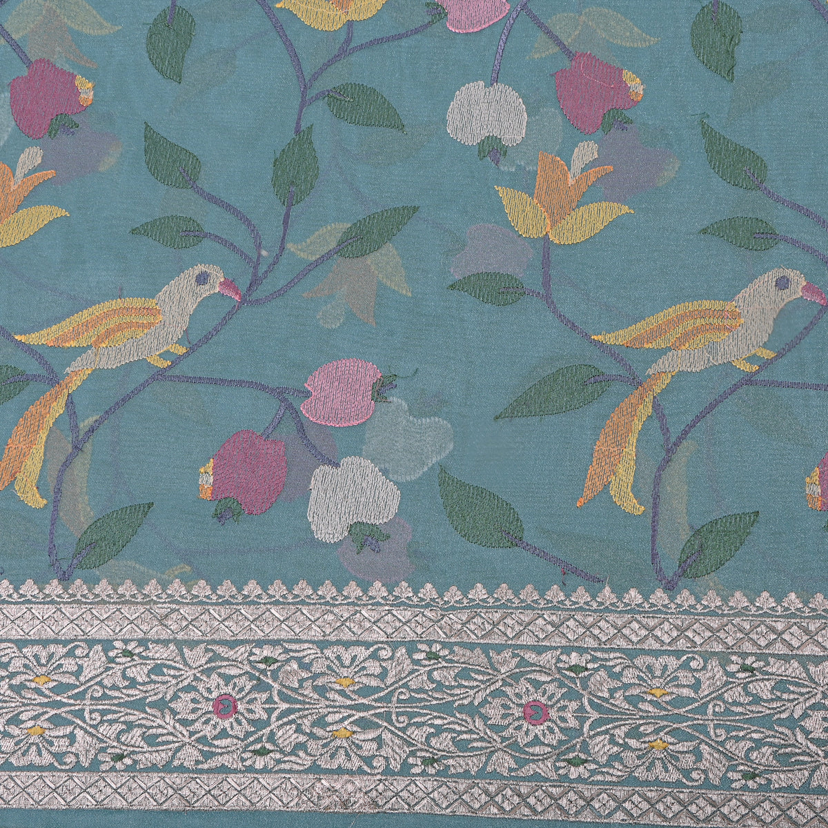 Teal Blue Silver Border Bird Thread Work Tissue Fabric