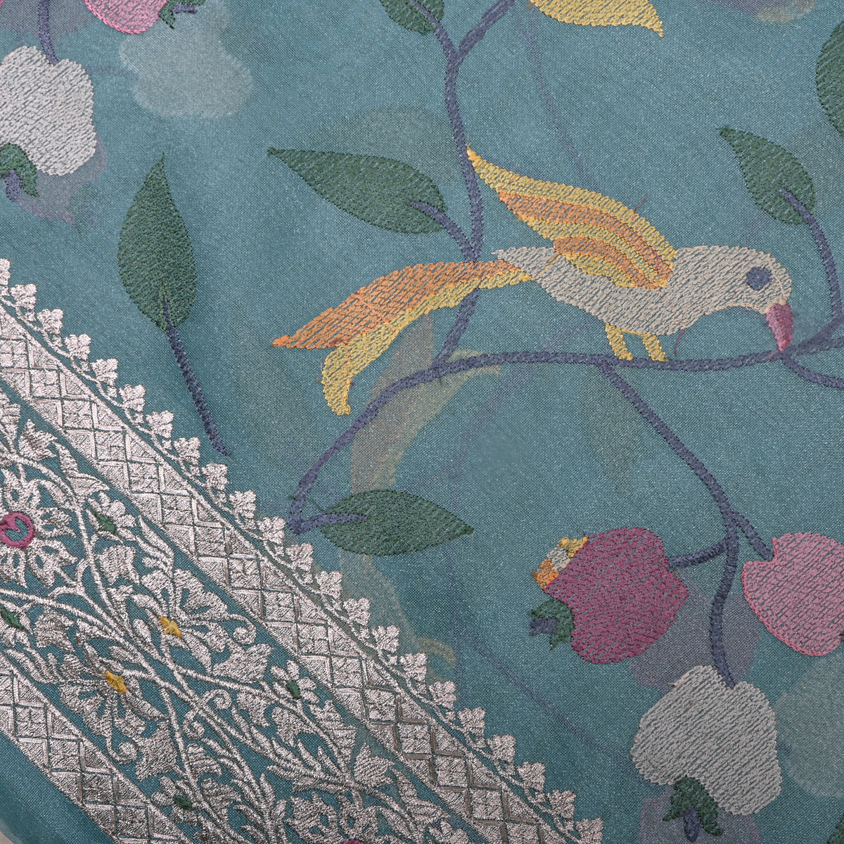 Teal Blue Silver Border Bird Thread Work Tissue Fabric