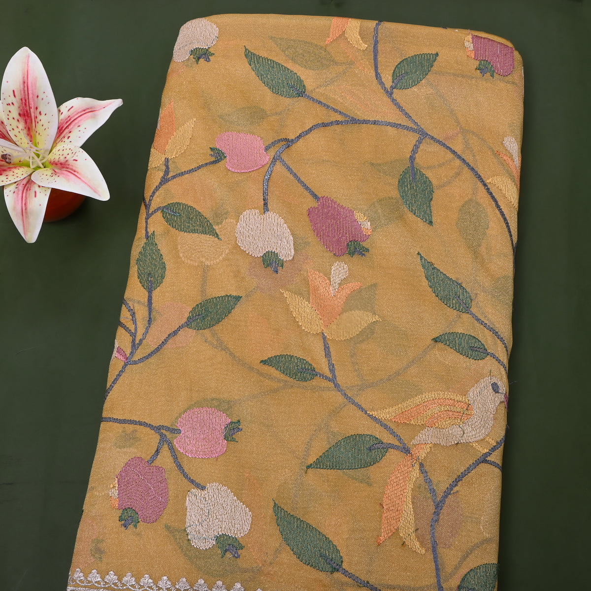 Mustard Gold Bird Vine Thread Embroidered Tissue Fabric