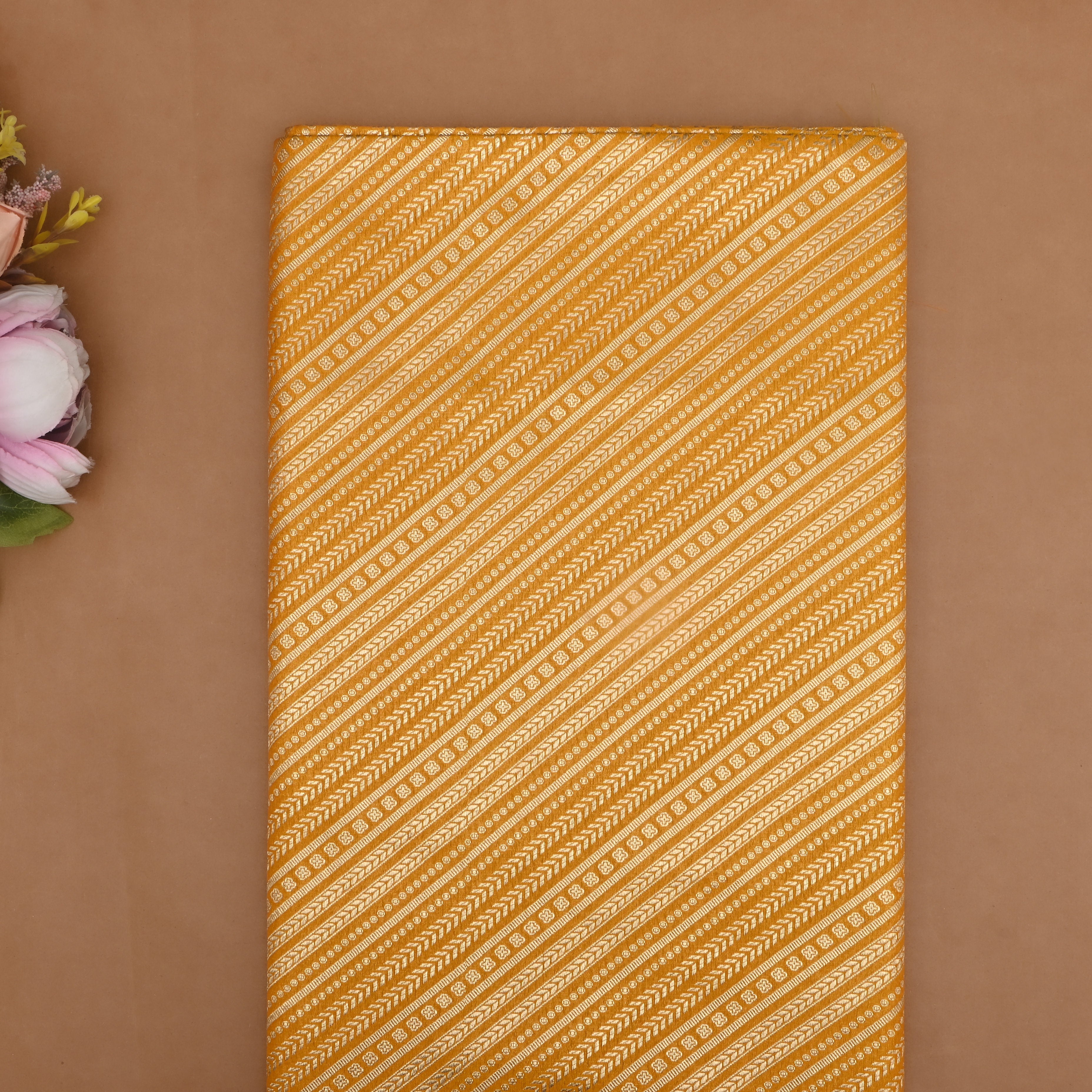 Golden Yellow Banarasi Fabric With Diagonal Stripes