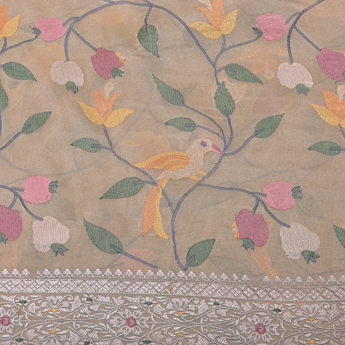 Sand Beige Bird Vine Embroidered Silver Border Tissue Fabric