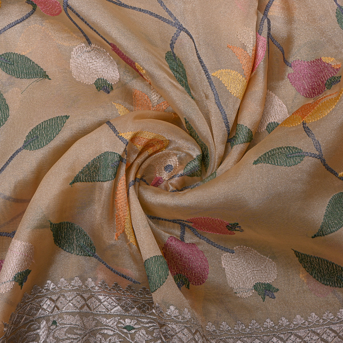 Sand Beige Bird Vine Embroidered Silver Border Tissue Fabric