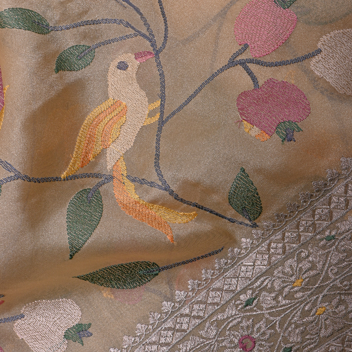 Sand Beige Bird Vine Embroidered Silver Border Tissue Fabric