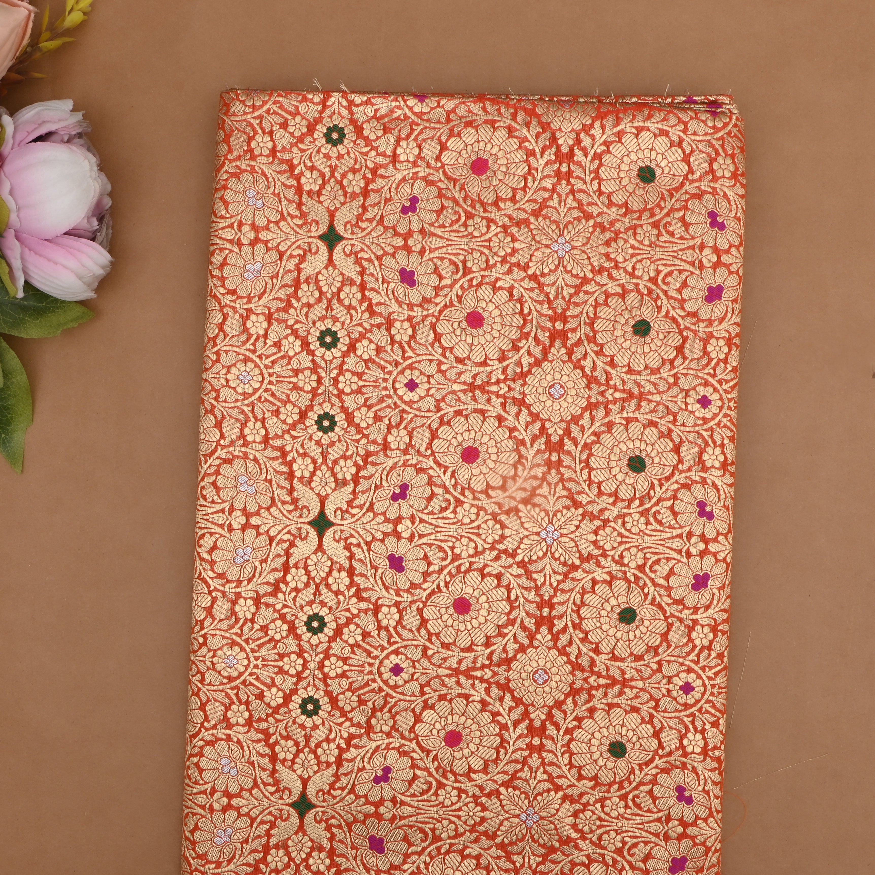 Pumpkin Orange Banaras Fabric With Intricate Zari Design
