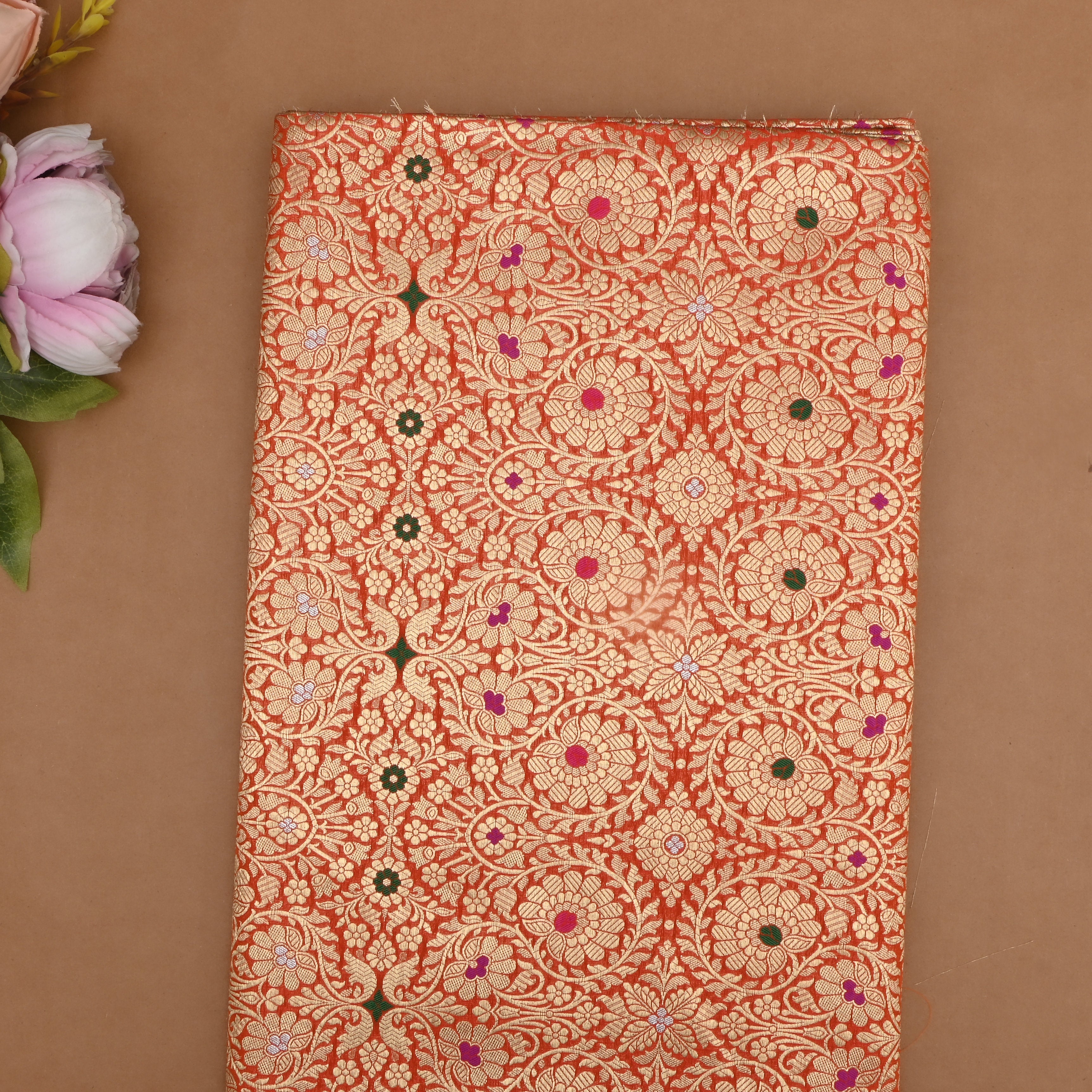 Pumpkin Orange Banarasi Fabric With Intricate Zari Design