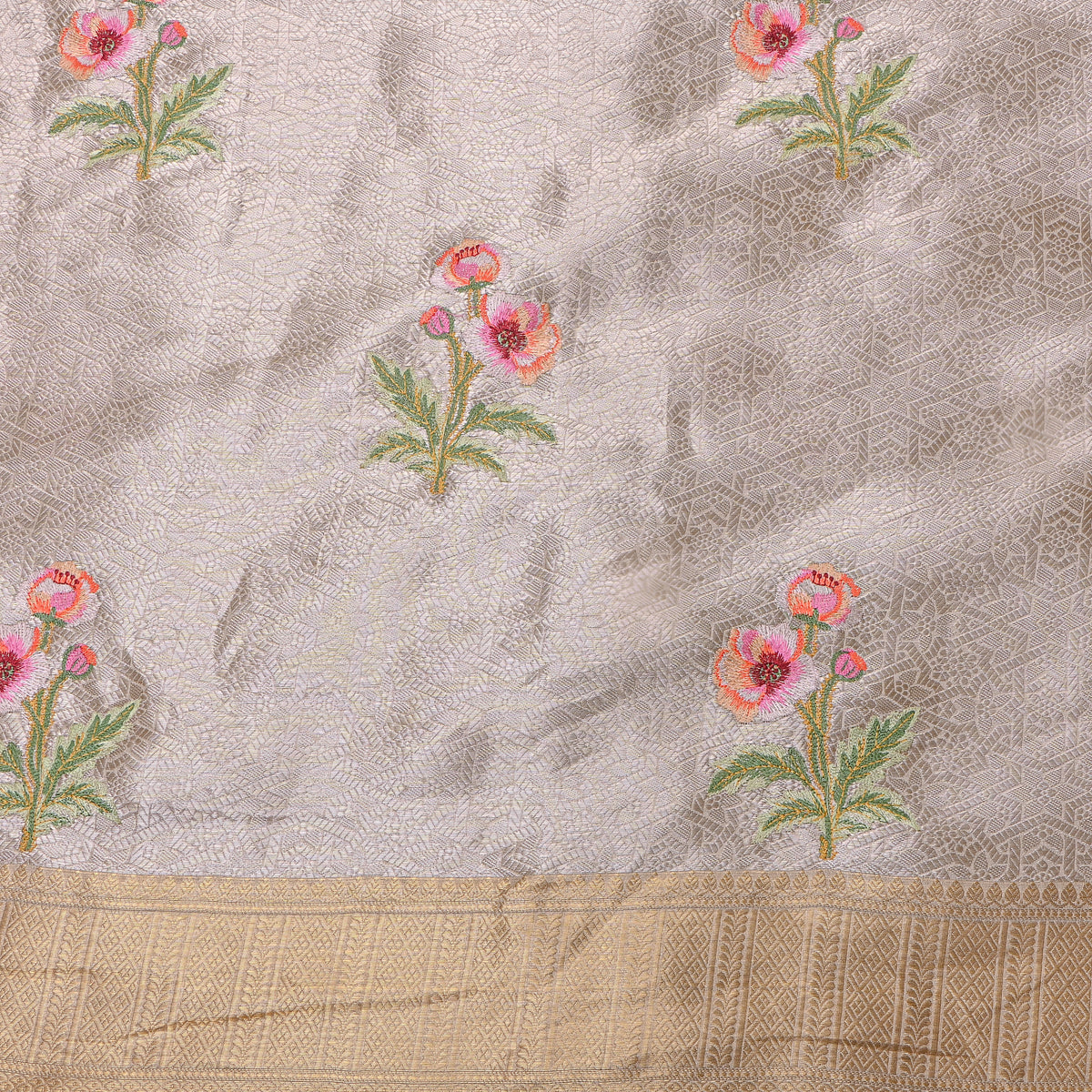 Mauve Silver Tissue Embroidered Floral Butti Fabric