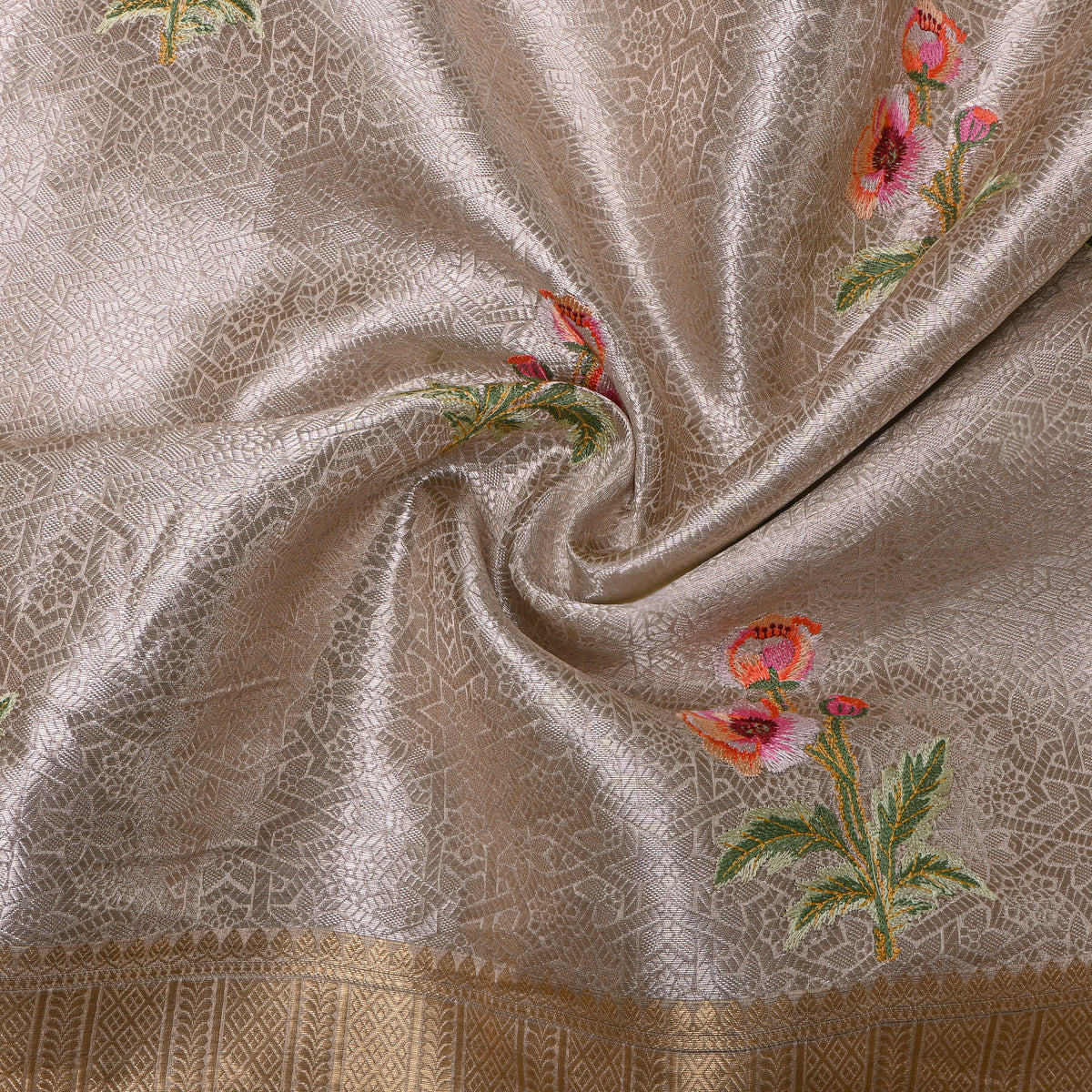 Mauve Silver Tissue Embroidered Floral Butti Fabric