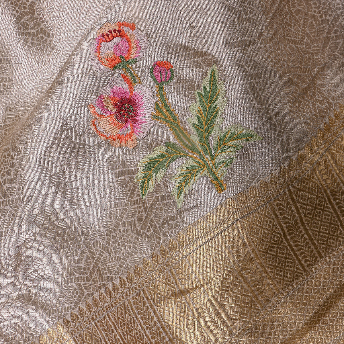 Mauve Silver Tissue Embroidered Floral Butti Fabric