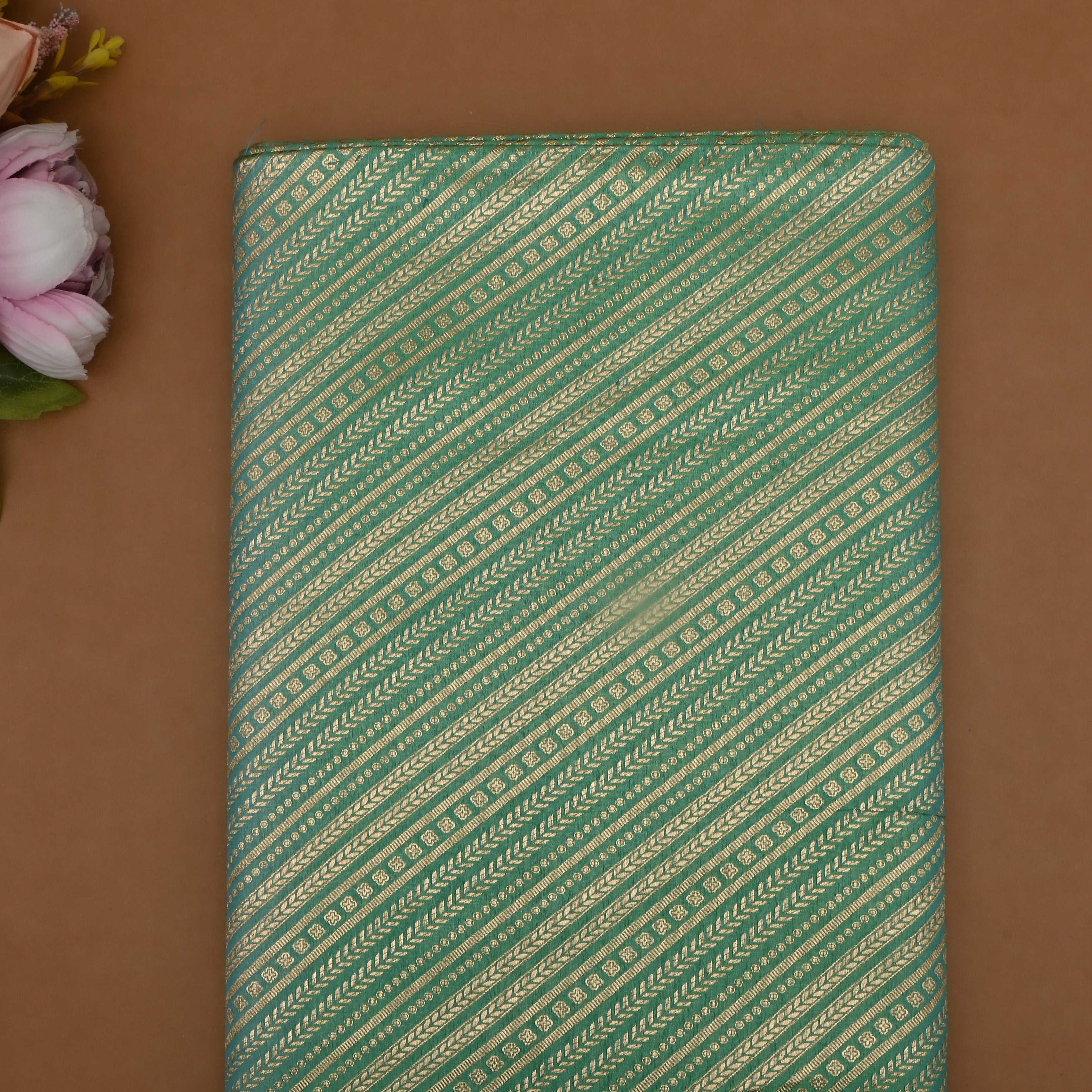Pista Green Jamawar Silk Fabric Diagonal Stripes