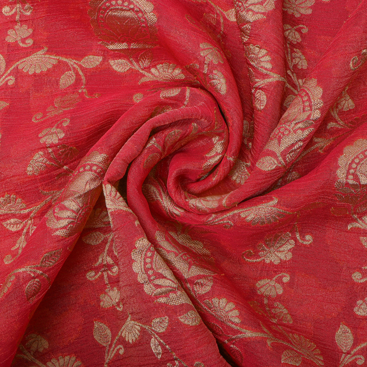 Poppy Red Gold Zari Floral Jaal Jamawar Tissue Fabric