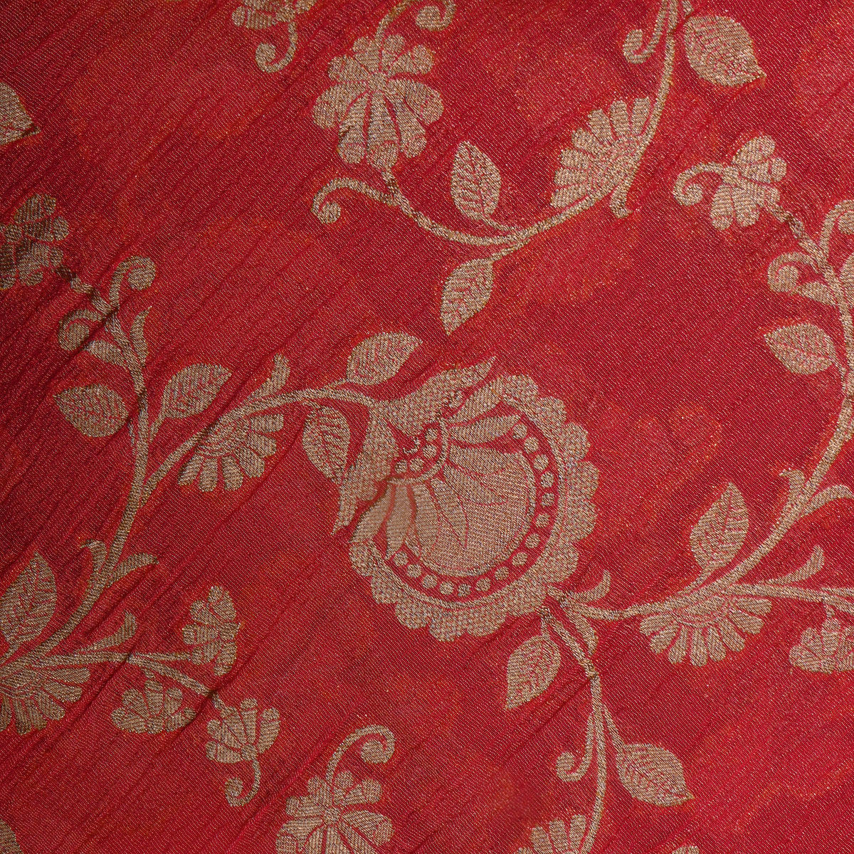 Poppy Red Gold Zari Floral Jaal Jamawar Tissue Fabric