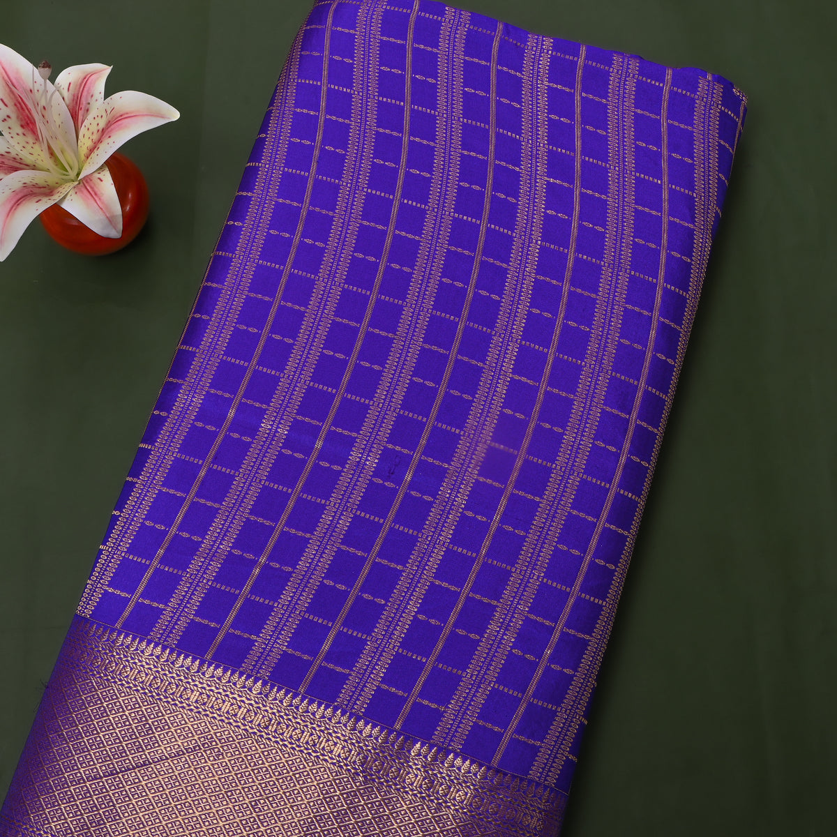 Ultramarine Blue Gold Zari Long Checks Jamawar Silk Fabric
