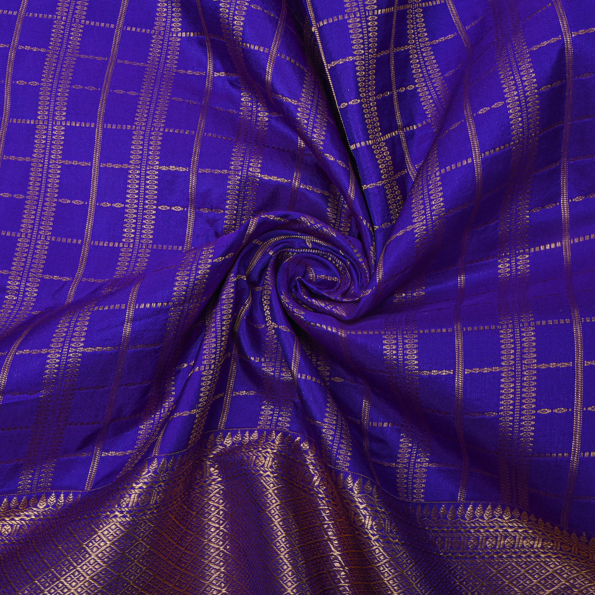 Ultramarine Blue Gold Zari Long Checks Jamawar Silk Fabric