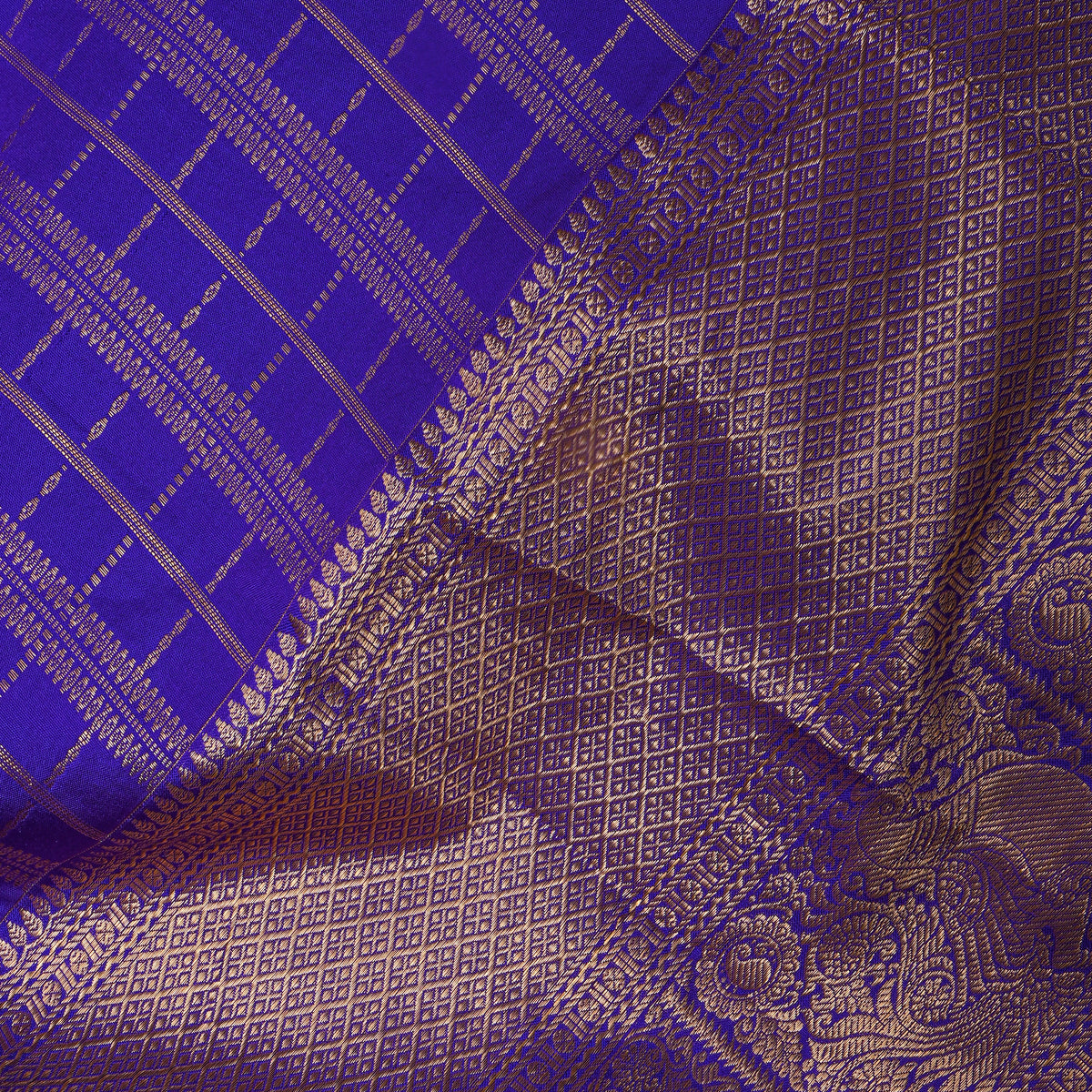 Ultramarine Blue Gold Zari Long Checks Jamawar Silk Fabric