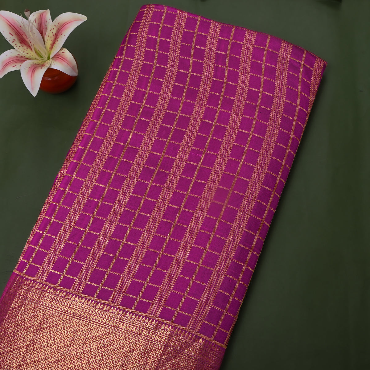 Orchid Purple Gold Zari Checks Jamawar Silk Fabric With Broad Border