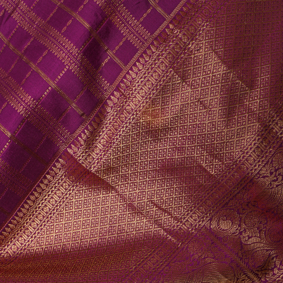 Orchid Purple Gold Zari Checks Jamawar Silk Fabric With Broad Border