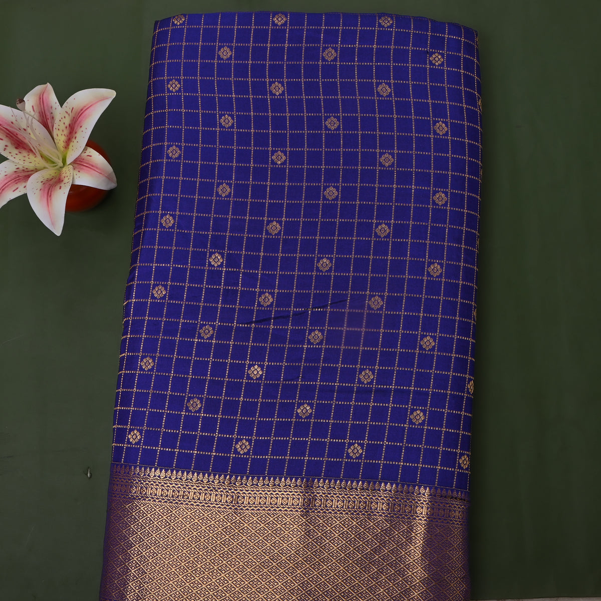 Indigo Blue Gold Zari Checks Butti Jamawar Silk Fabric