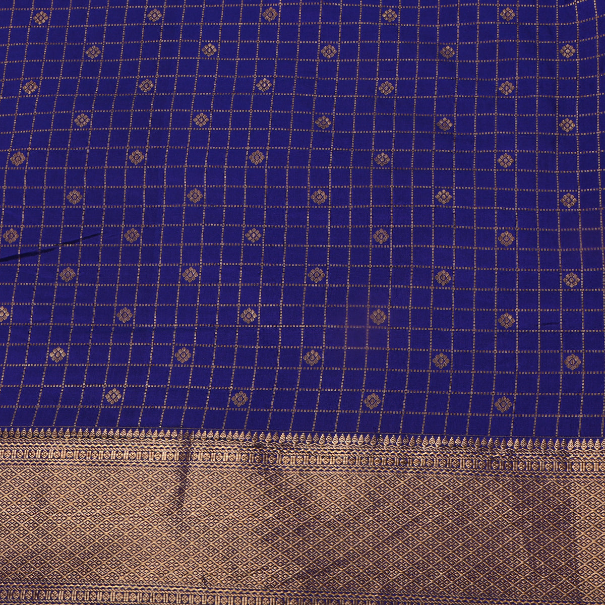 Indigo Blue Gold Zari Checks Butti Jamawar Silk Fabric