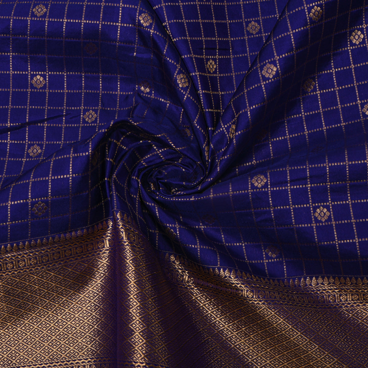 Indigo Blue Gold Zari Checks Butti Jamawar Silk Fabric
