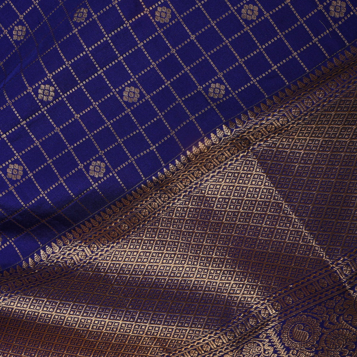 Indigo Blue Gold Zari Checks Butti Jamawar Silk Fabric