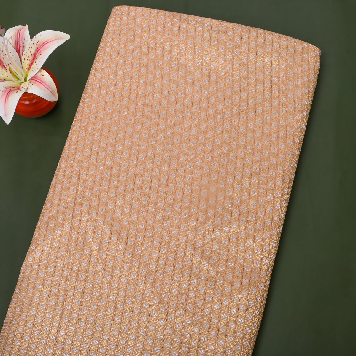 Honey Gold Dual Tone Zari Butti Checks Jamawar Silk Fabric